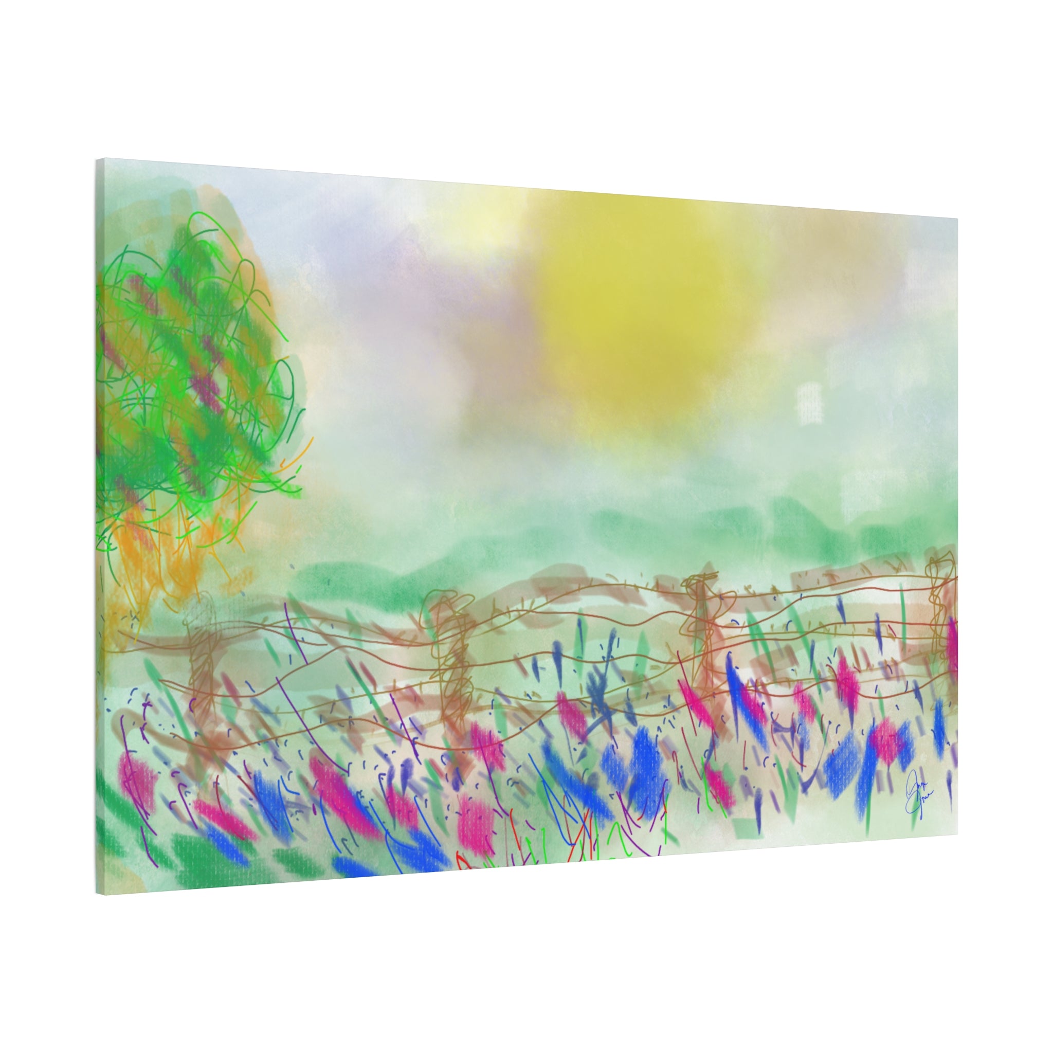 Sunlit Meadow Matte Canvas Wall Art — Pastel Landscape Stretched Canvas