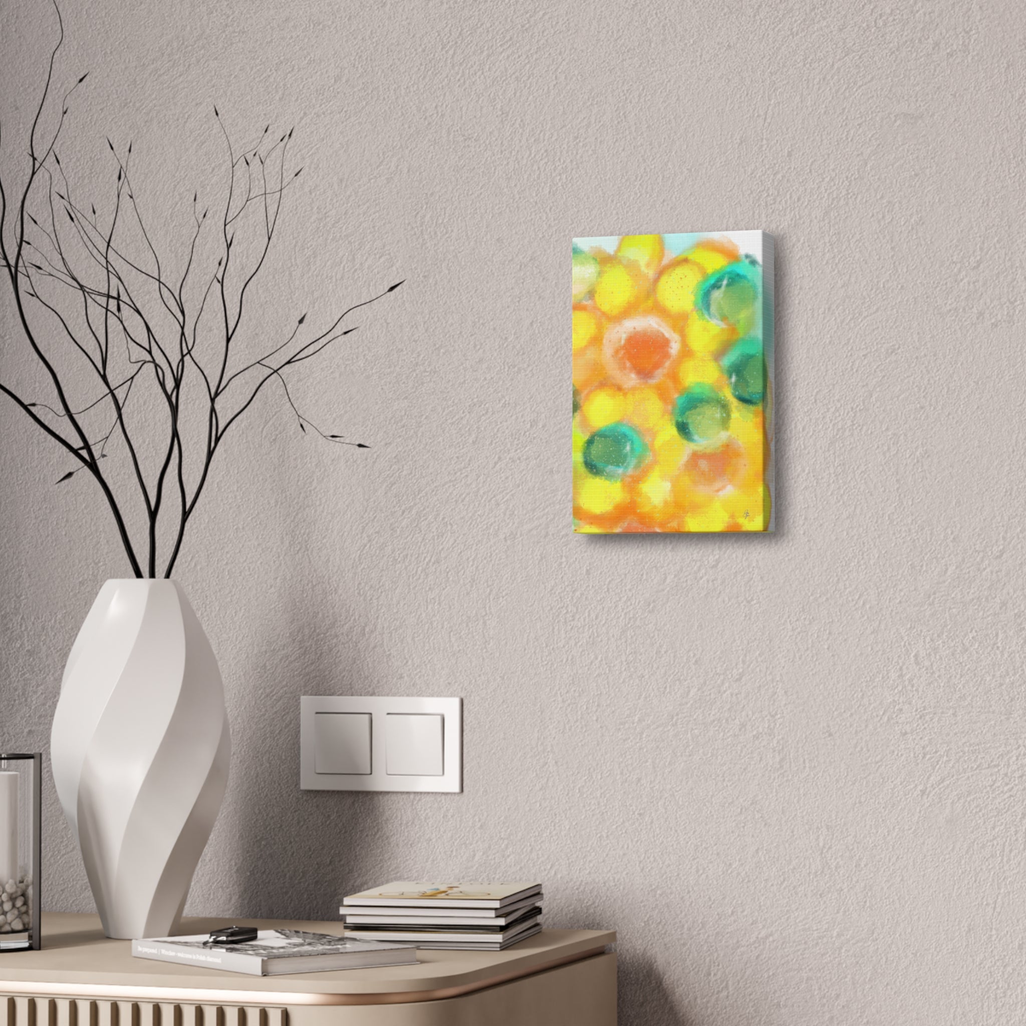 Abstract Sunshine Circles Canvas Art – Vibrant Yellow & Teal Stretched Wall Decor