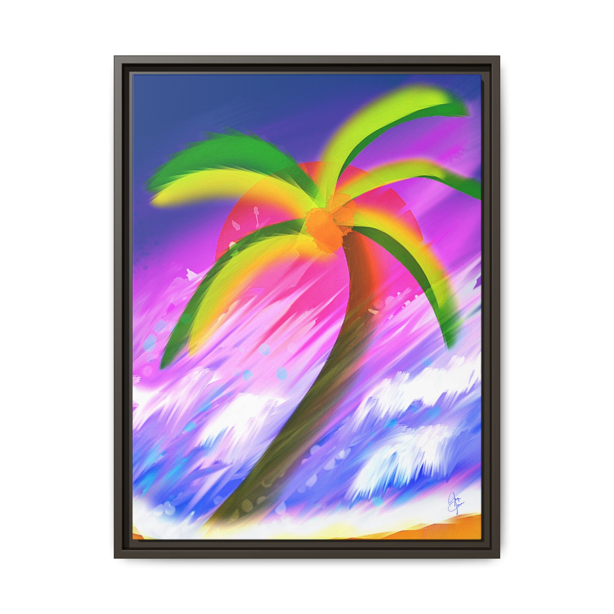 Framed Matte Canvas Print — Neon Palm Beach Art