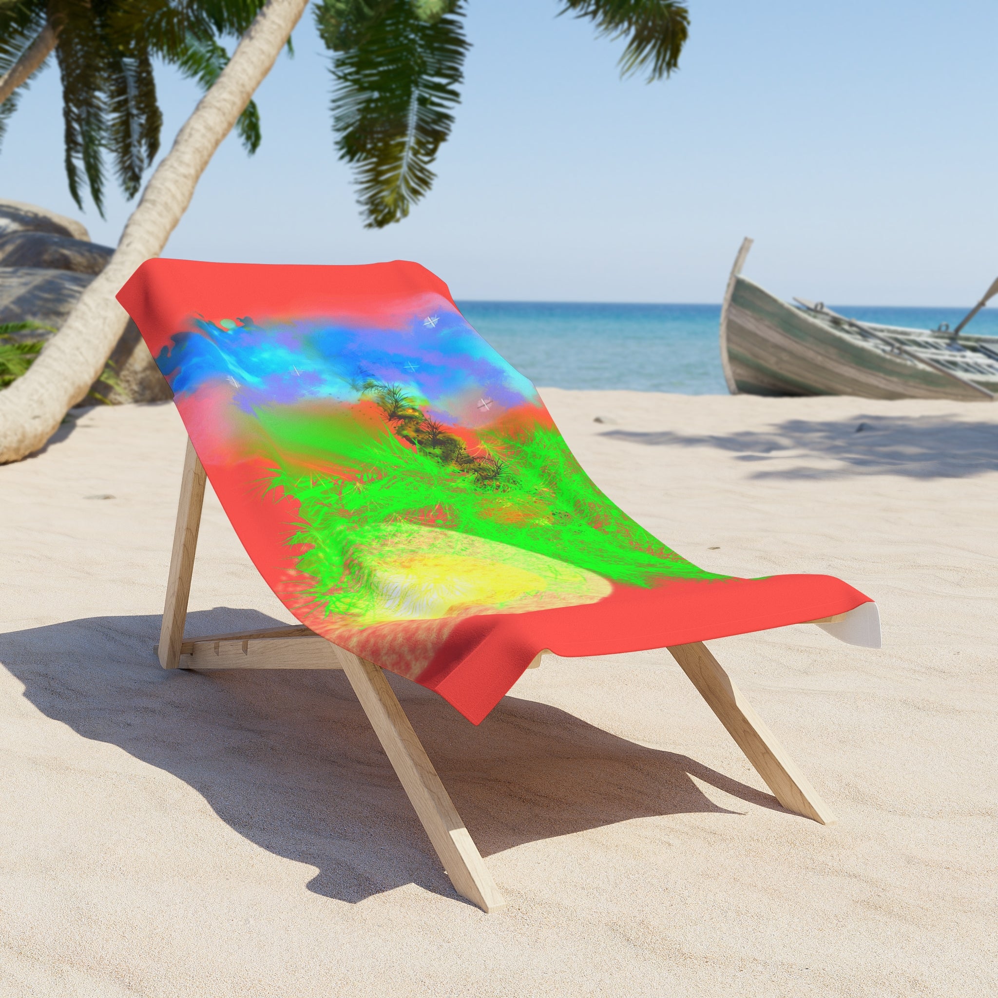 Abstract Sunset Beach Towel - Vibrant Coral, Neon Green & Blue Tropical Design