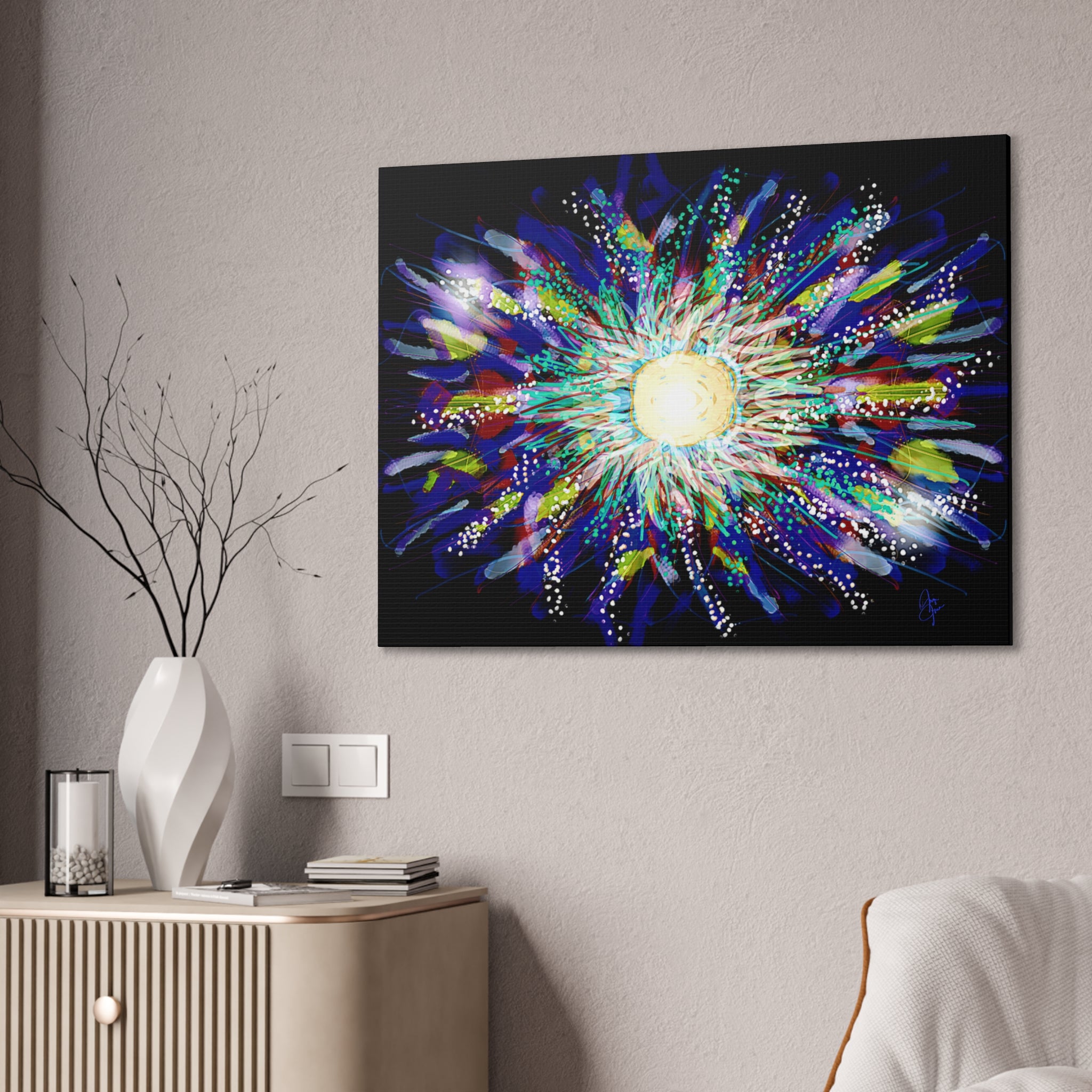Abstract Cosmic Burst Canvas Wall Art — Colorful Sunflower Explosion on Black