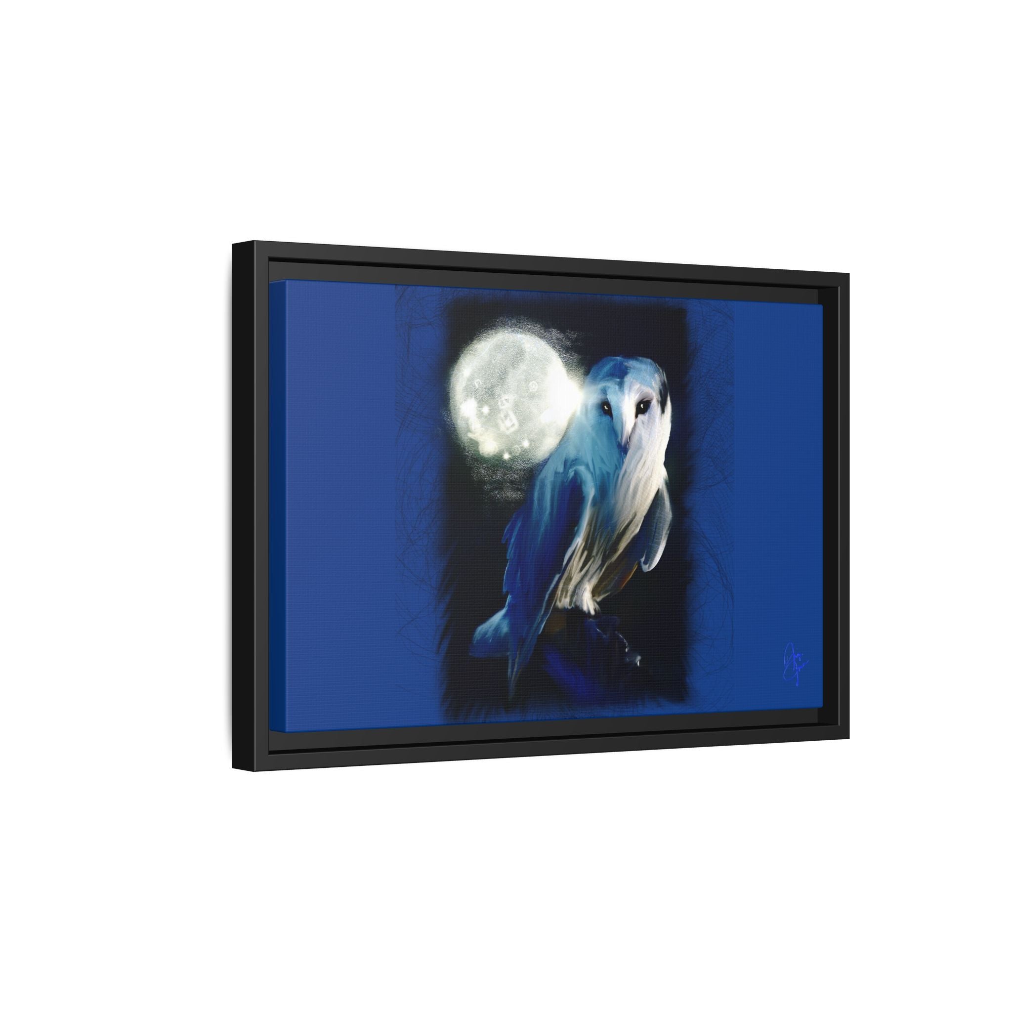 Moonlight Owl Matte Framed Canvas — Mystical Blue Owl Wall Art