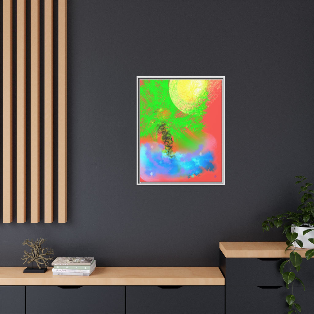 Abstract Neon Tree Matte Canvas Framed Art — Vibrant Green Moon Landscape