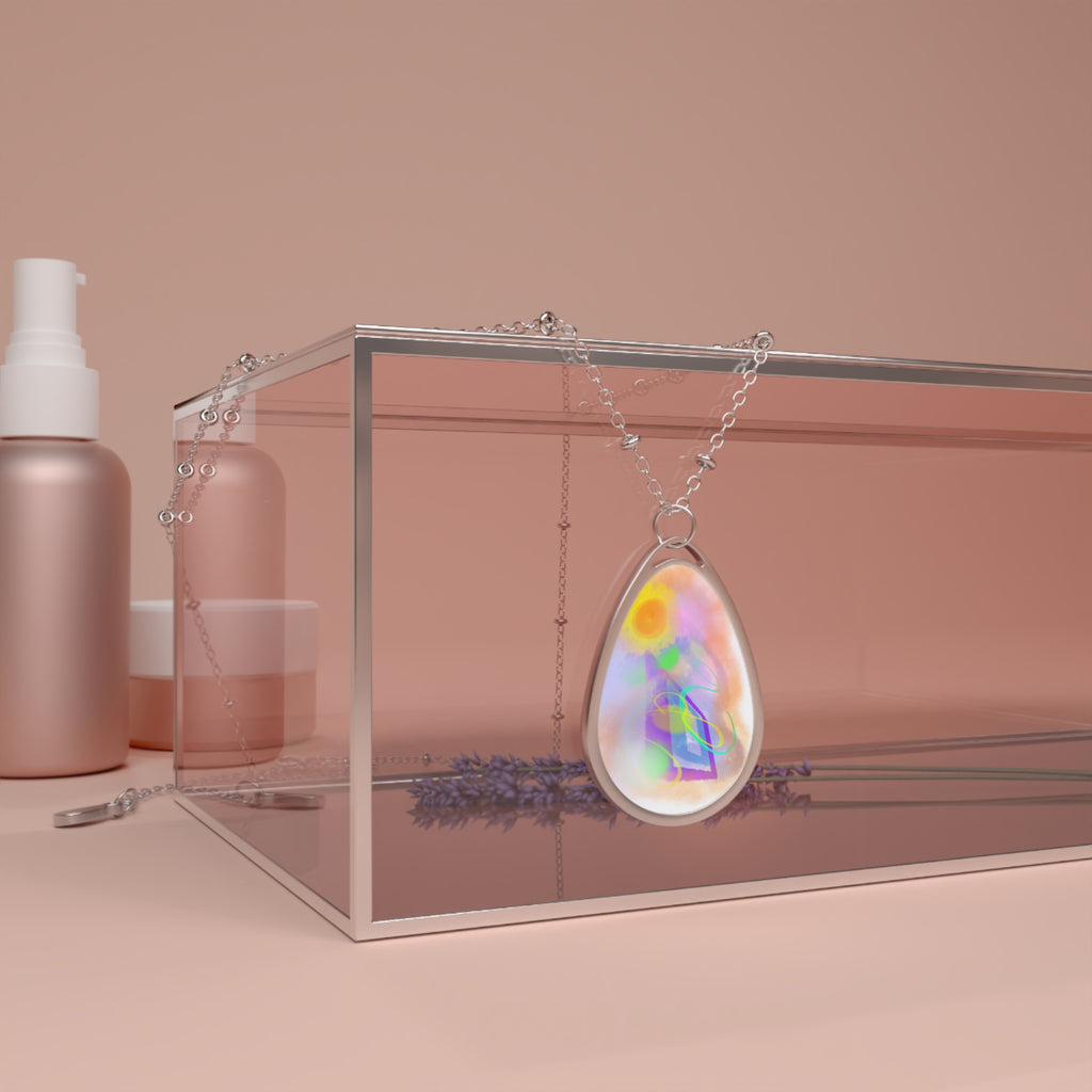 Oval Necklace - Iridescent Abstract Teardrop Pendant Necklace