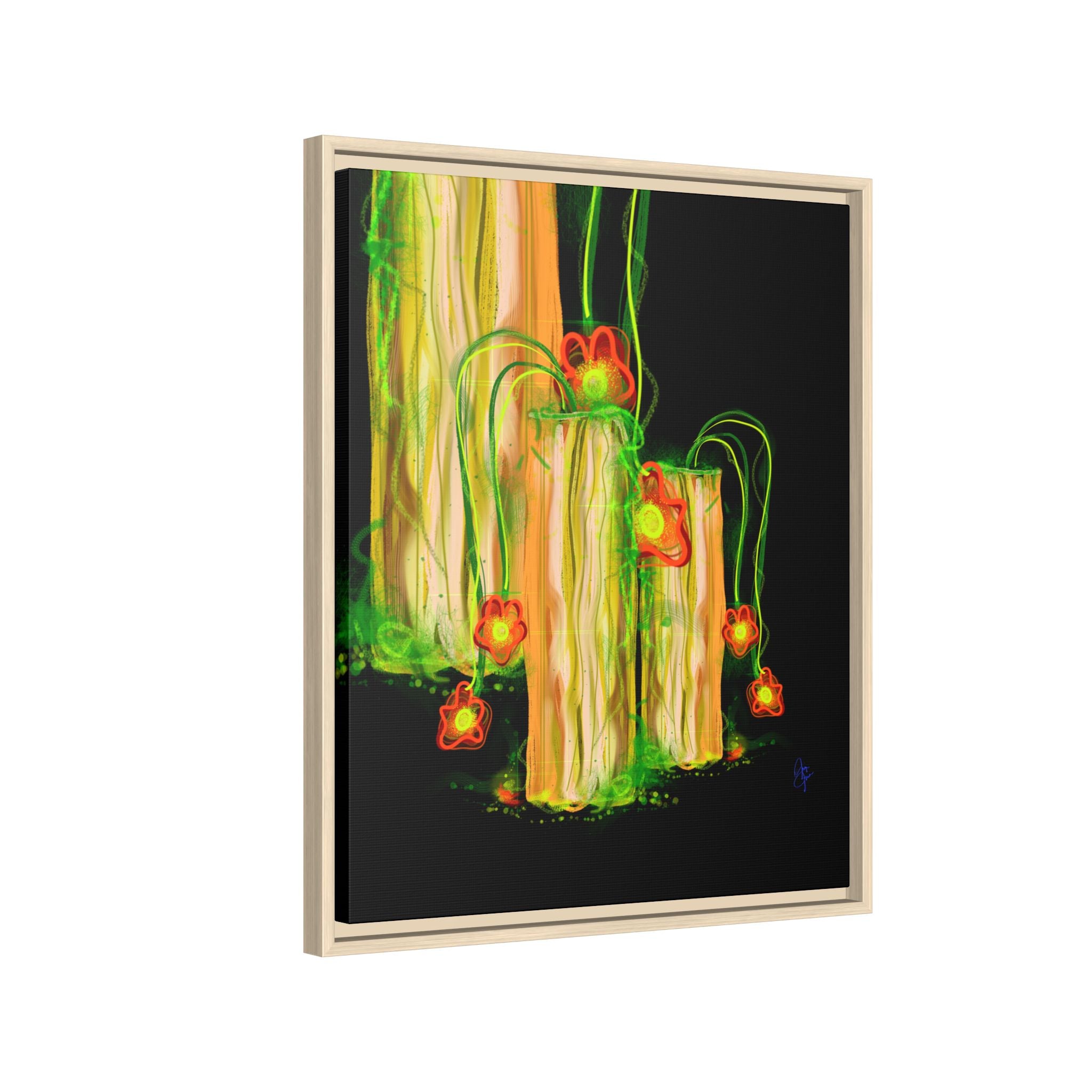 Framed Matte Canvas Print — Neon Floral Candlelight Art