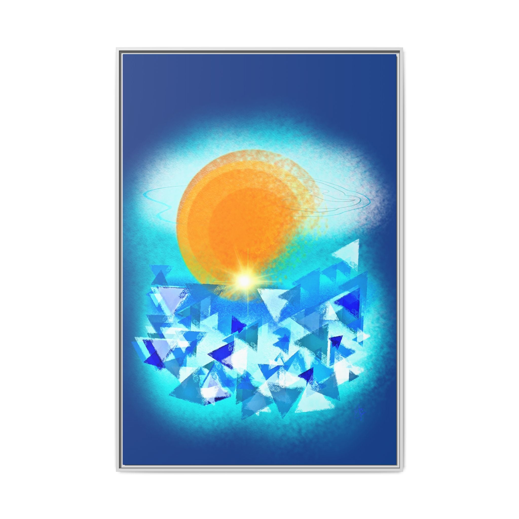 Abstract Sunrise Framed Canvas Art – Orange Sun Over Blue Geometric Waves