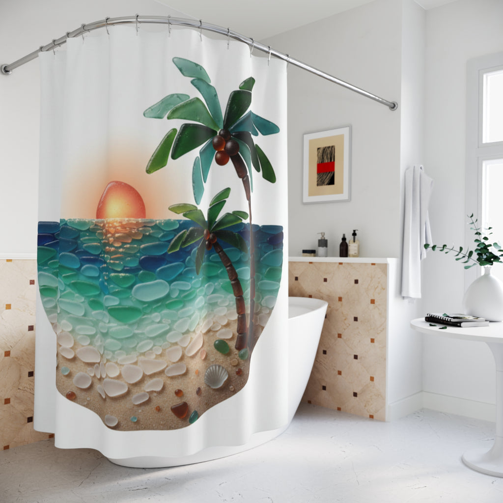 Sunset Palm Shower Curtain — Tropical Beach Waves Bathroom Decor