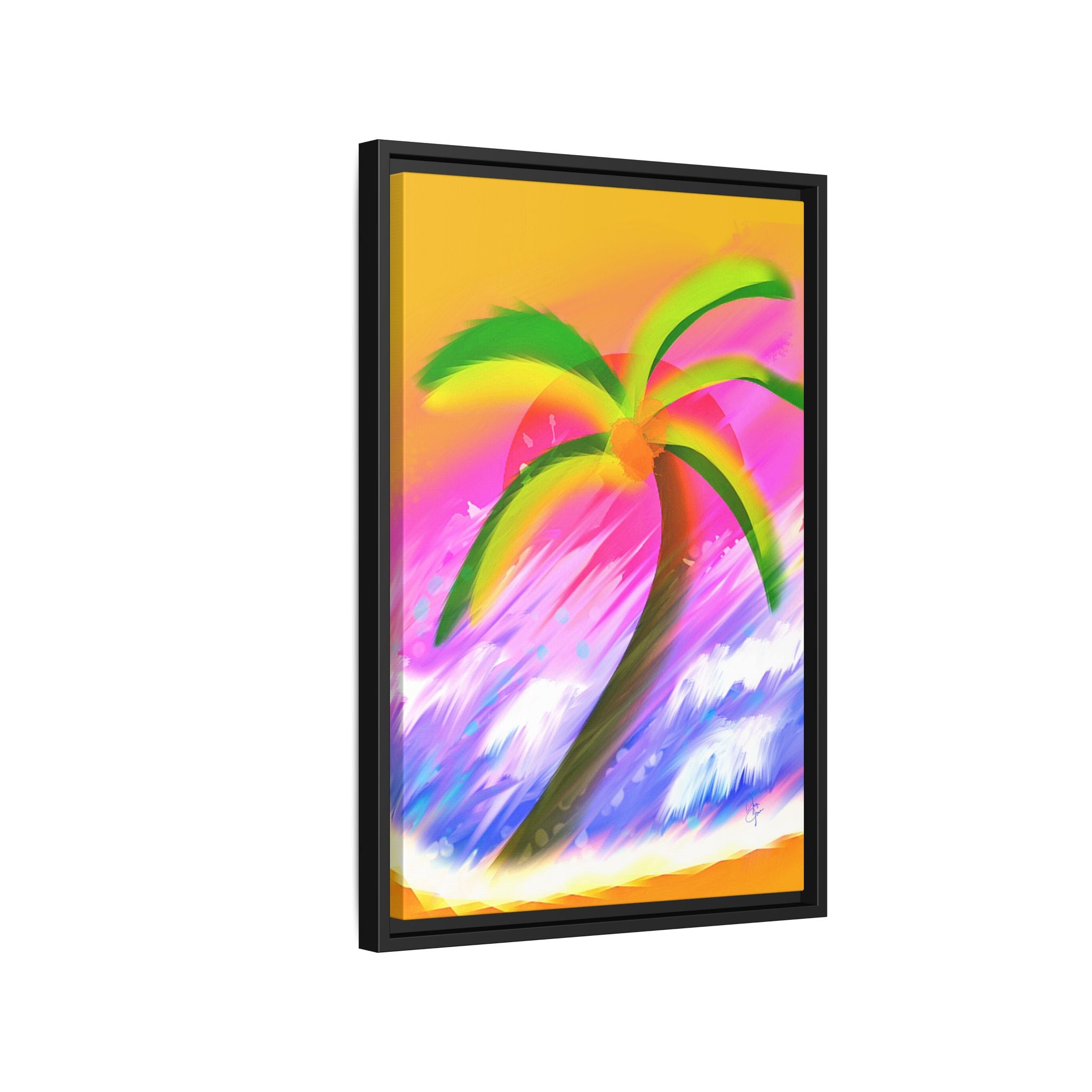 Framed Matte Canvas Print — Neon Palm Beach Art