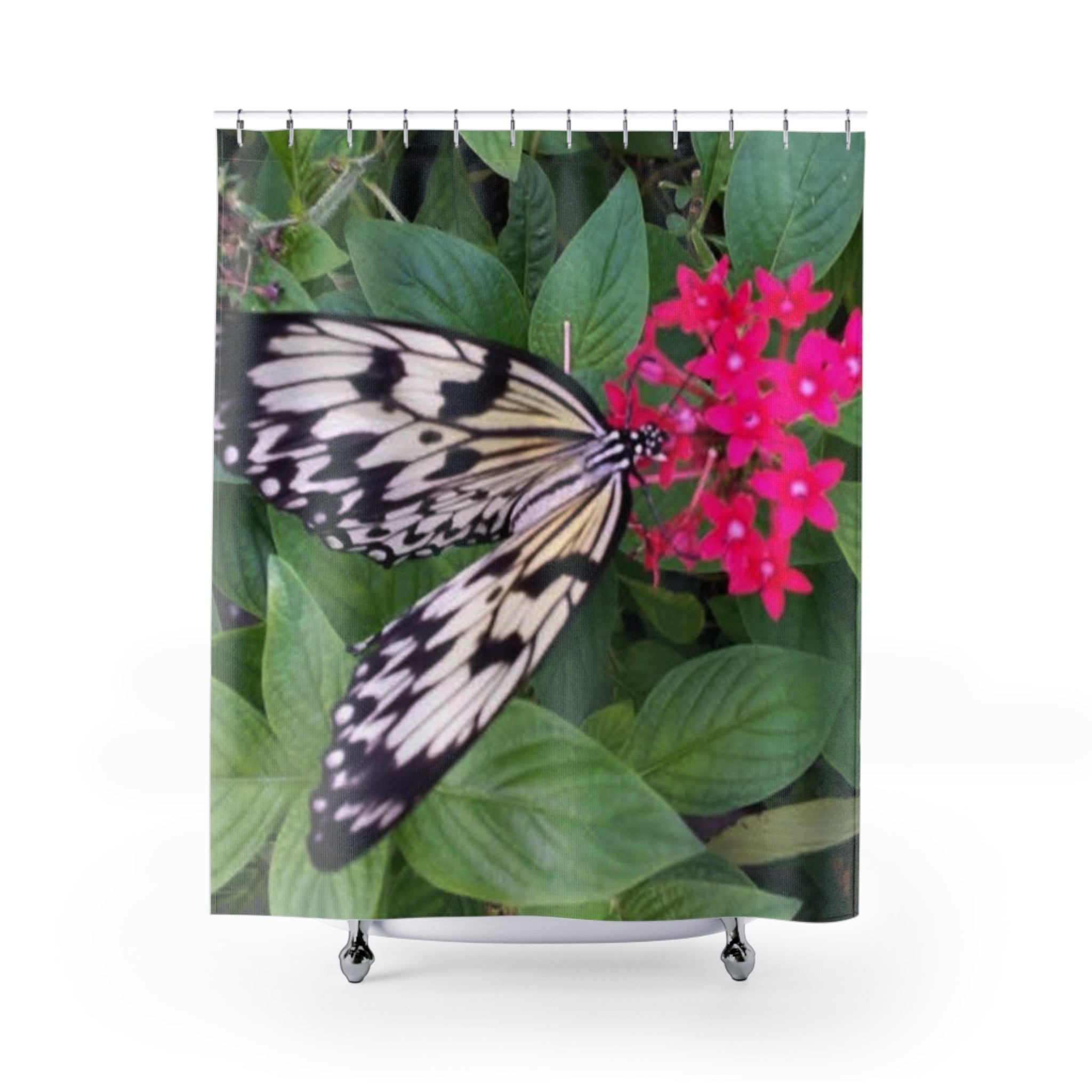 Butterfly on Pink Flower Shower Curtain — Botanical Nature Bathroom Decor