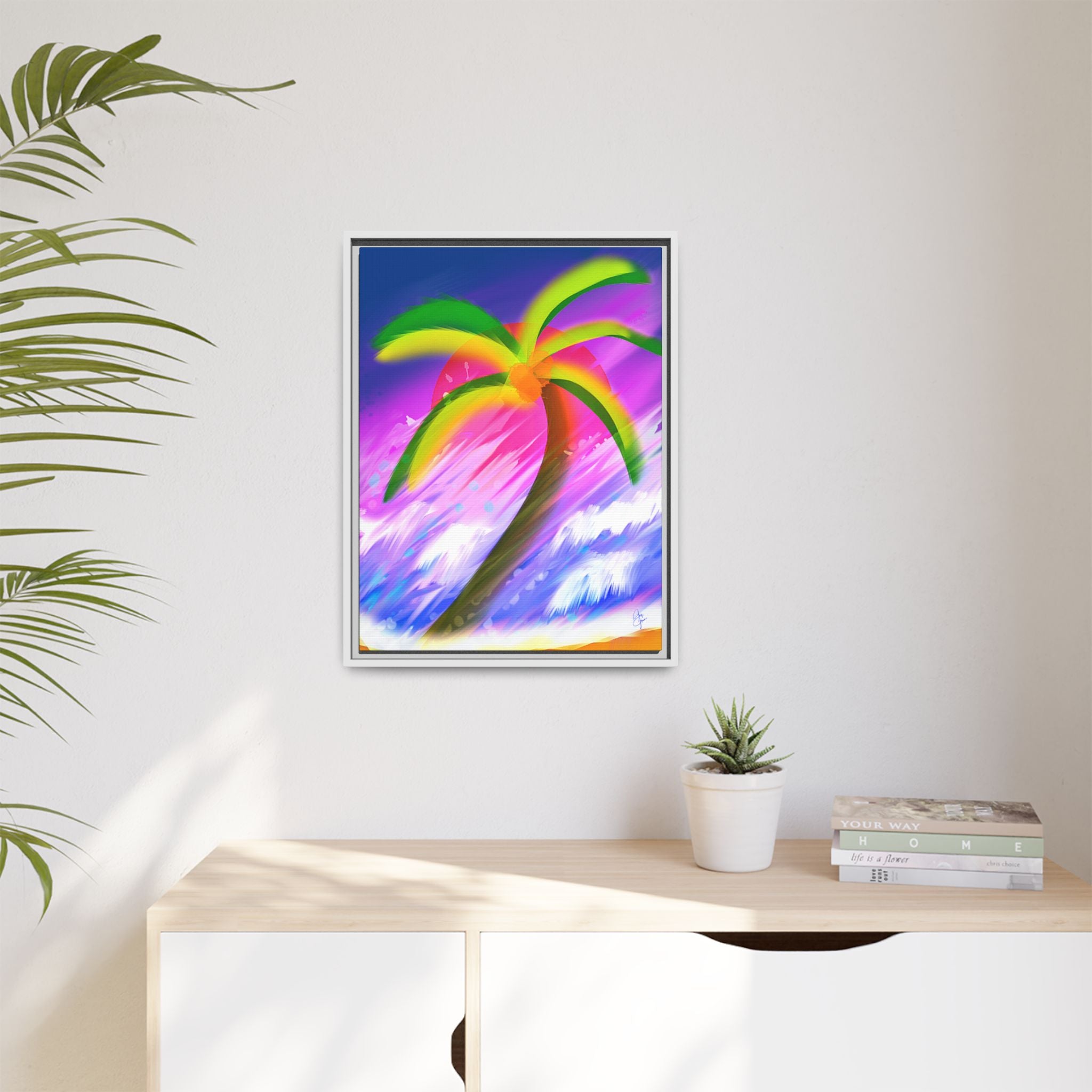Framed Matte Canvas Print — Neon Palm Beach Art
