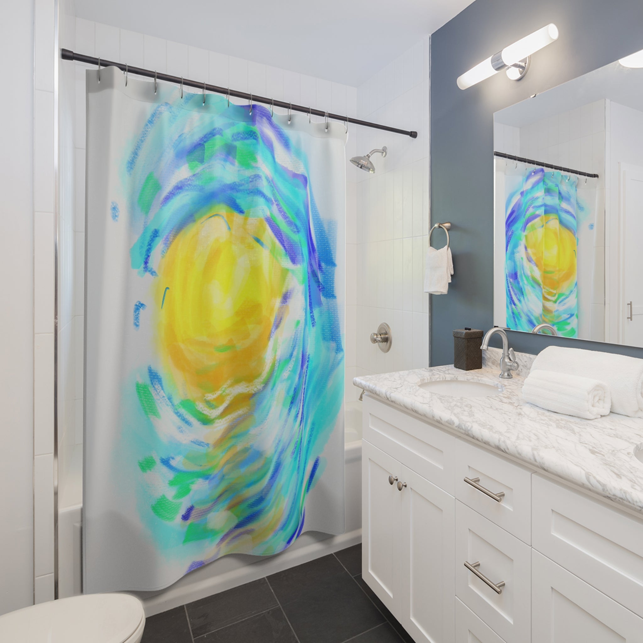 Shower Curtain — Abstract Ocean Sun Swirl Bathroom Decor