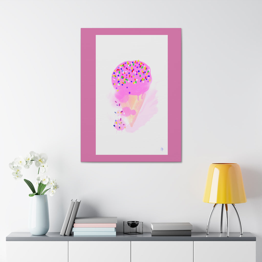 Pink Sprinkle Ice Cream Cone Canvas Print — Cute Pastel Wall Art