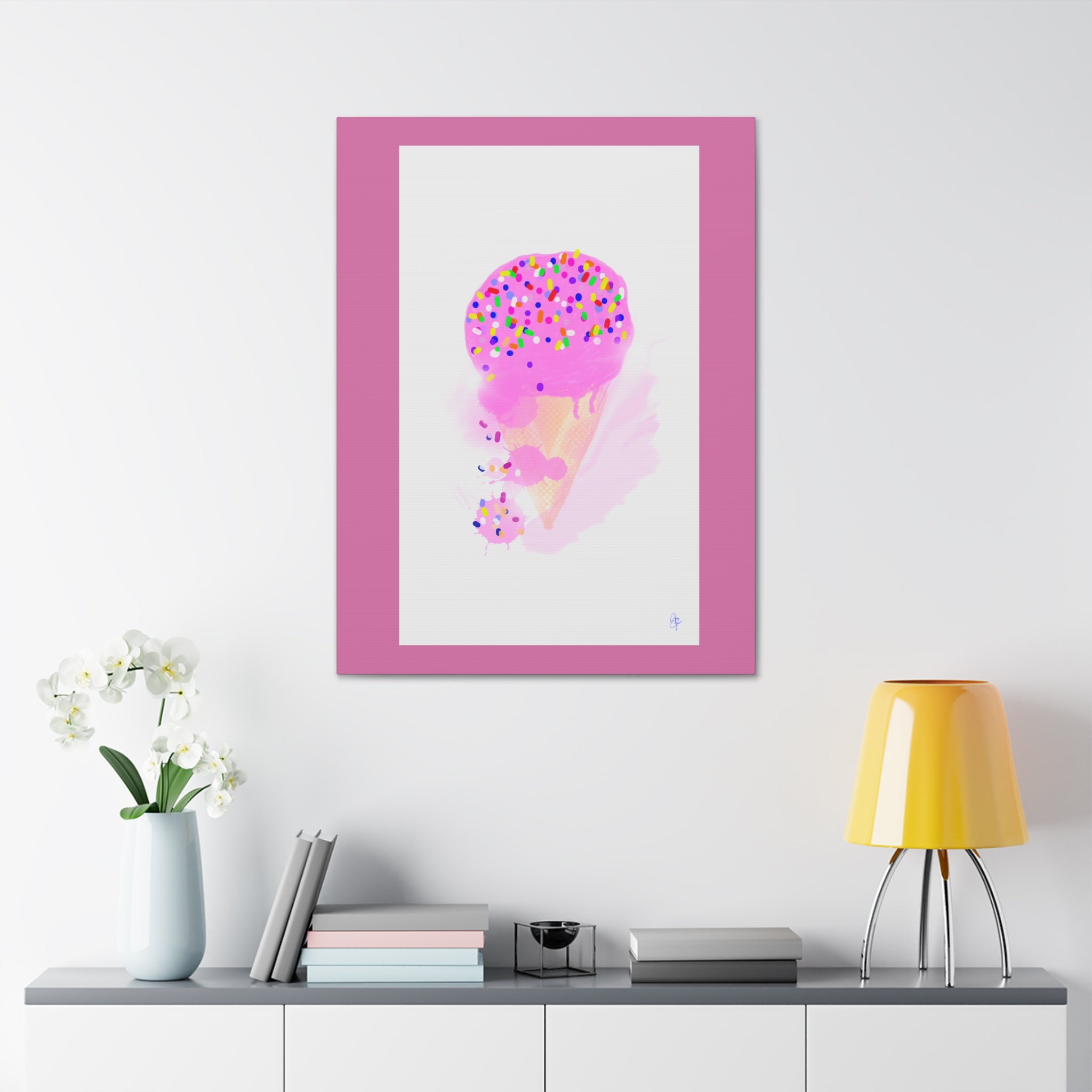 Pink Sprinkle Ice Cream Cone Canvas Print — Cute Pastel Wall Art