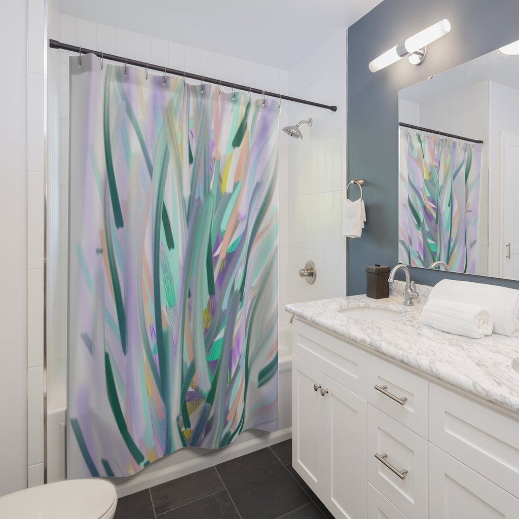 Pastel Abstract Grass Shower Curtain — Serene Botanical Bathroom Décor