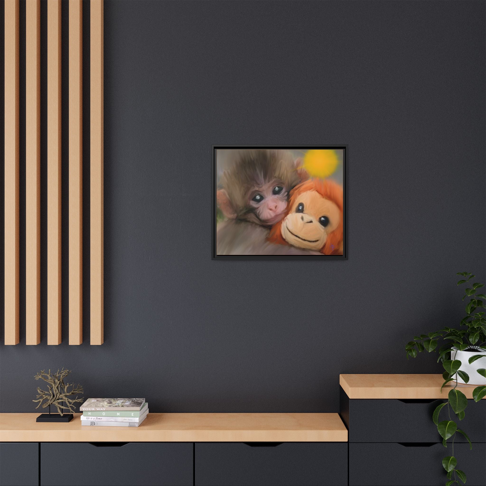Framed Matte Canvas Print — Baby Monkey & Plush Orangutan Wall Art