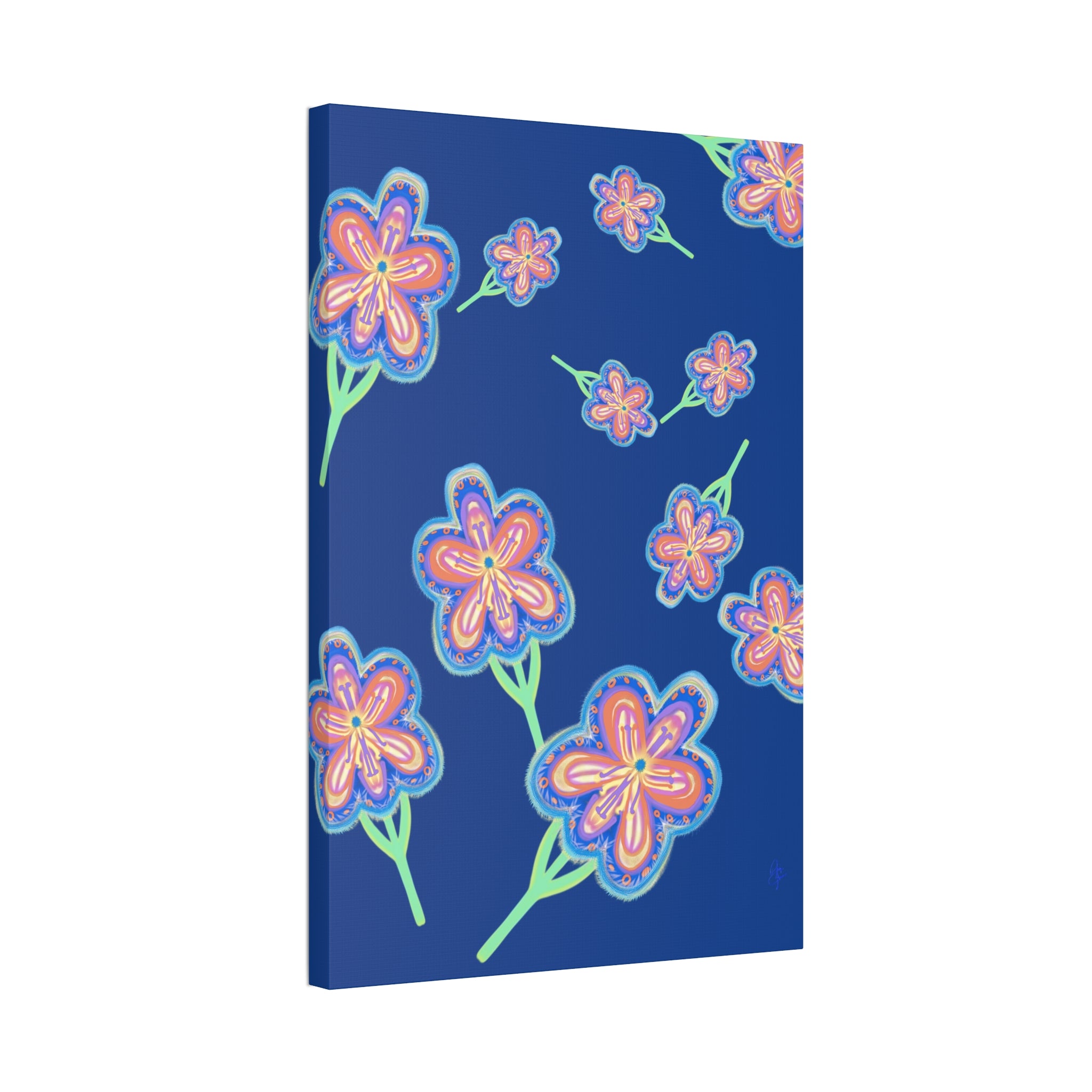 Floral Pop Canvas — Bright Blue Hand-Drawn Flowers Stretched Canvas