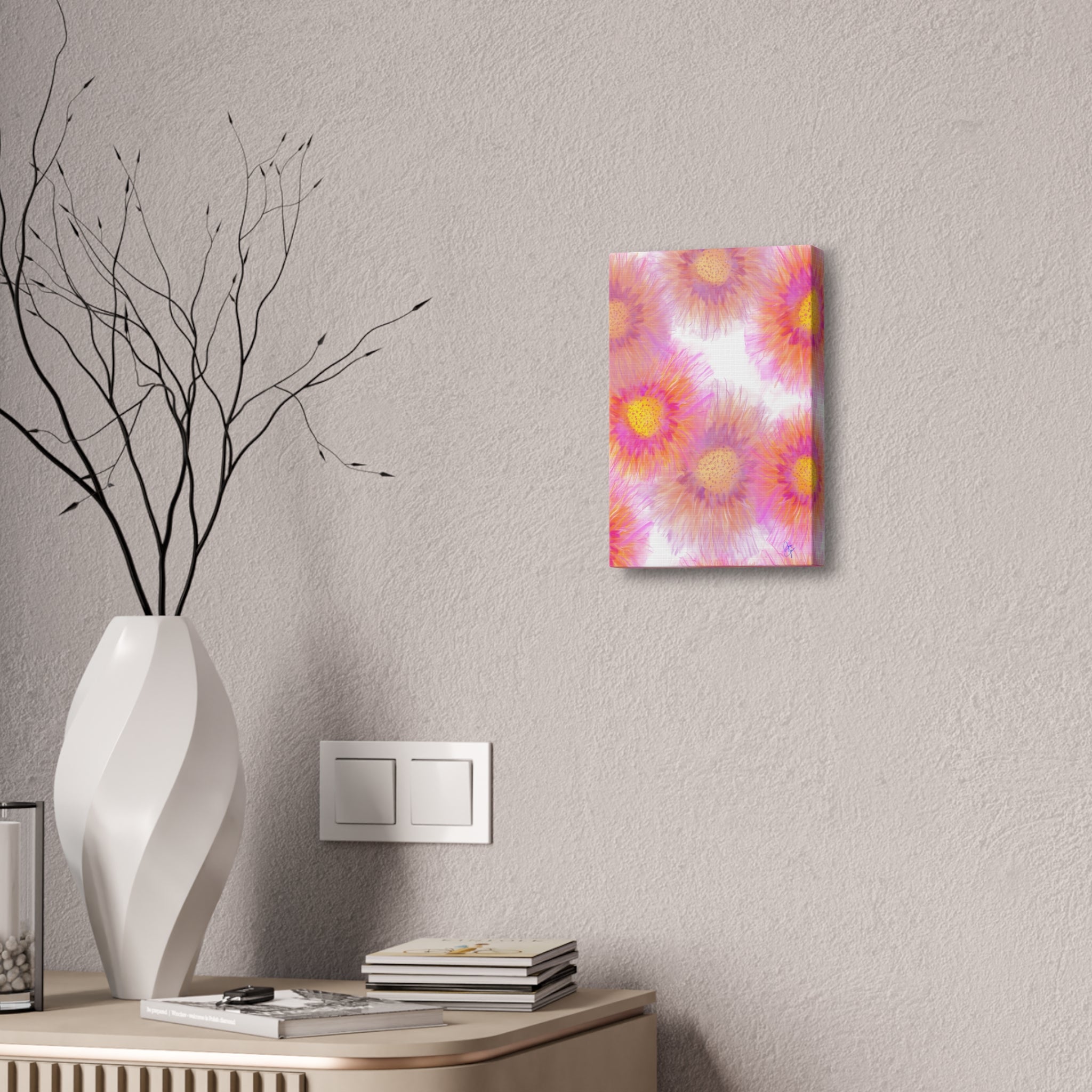 Sunburst Floral Canvas Wall Art — Pink & Yellow Abstract Sunflower Print