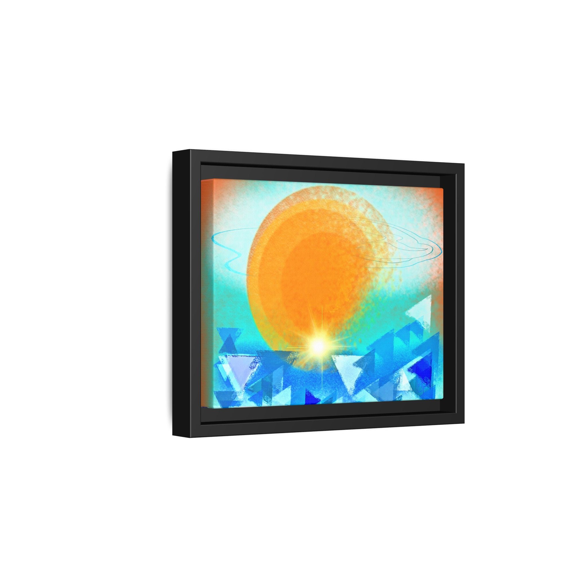 Abstract Sunrise Framed Canvas Art – Orange Sun Over Blue Geometric Waves
