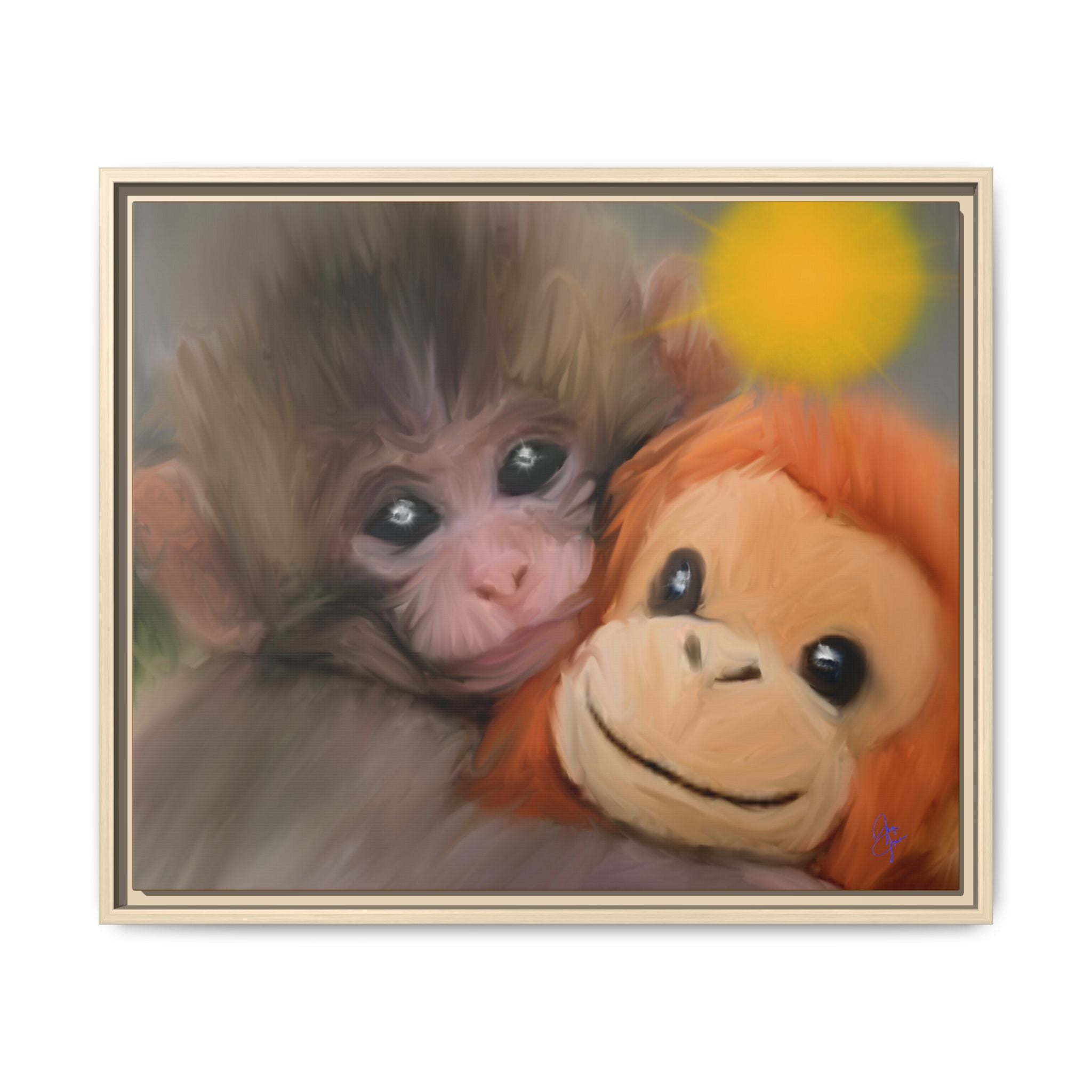 Framed Matte Canvas Print — Baby Monkey & Plush Orangutan Wall Art