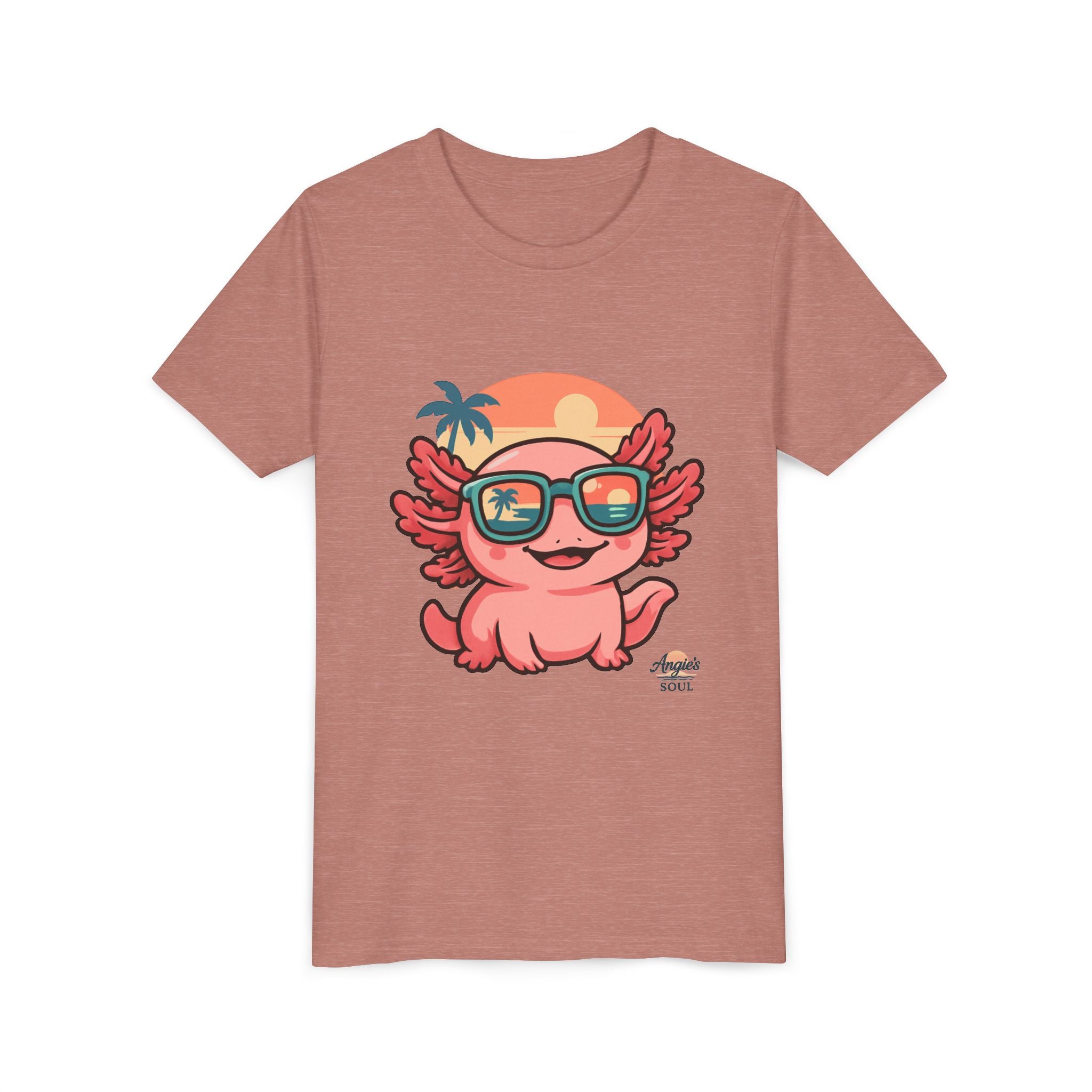 Axolotl Sunset Kids Tee — Cute Sunglasses Beach Axolotl Youth T-Shirt