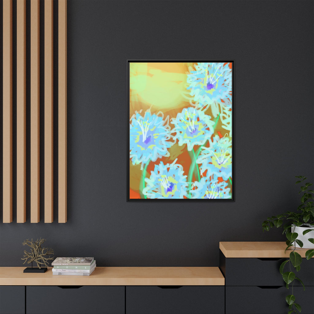 Framed Floral Canvas Art — Blue & Yellow Abstract Bouquet (Matte)