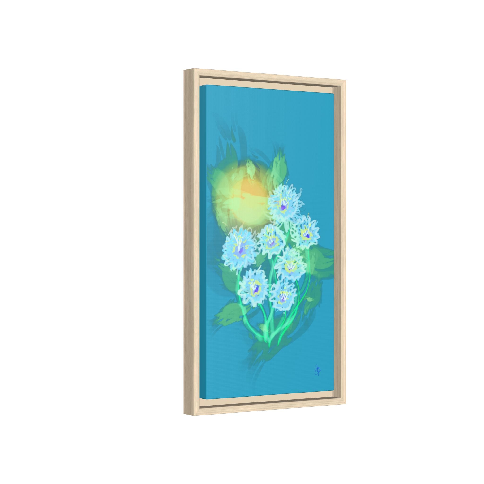 Framed Floral Canvas Art — Blue & Yellow Abstract Bouquet (Matte)