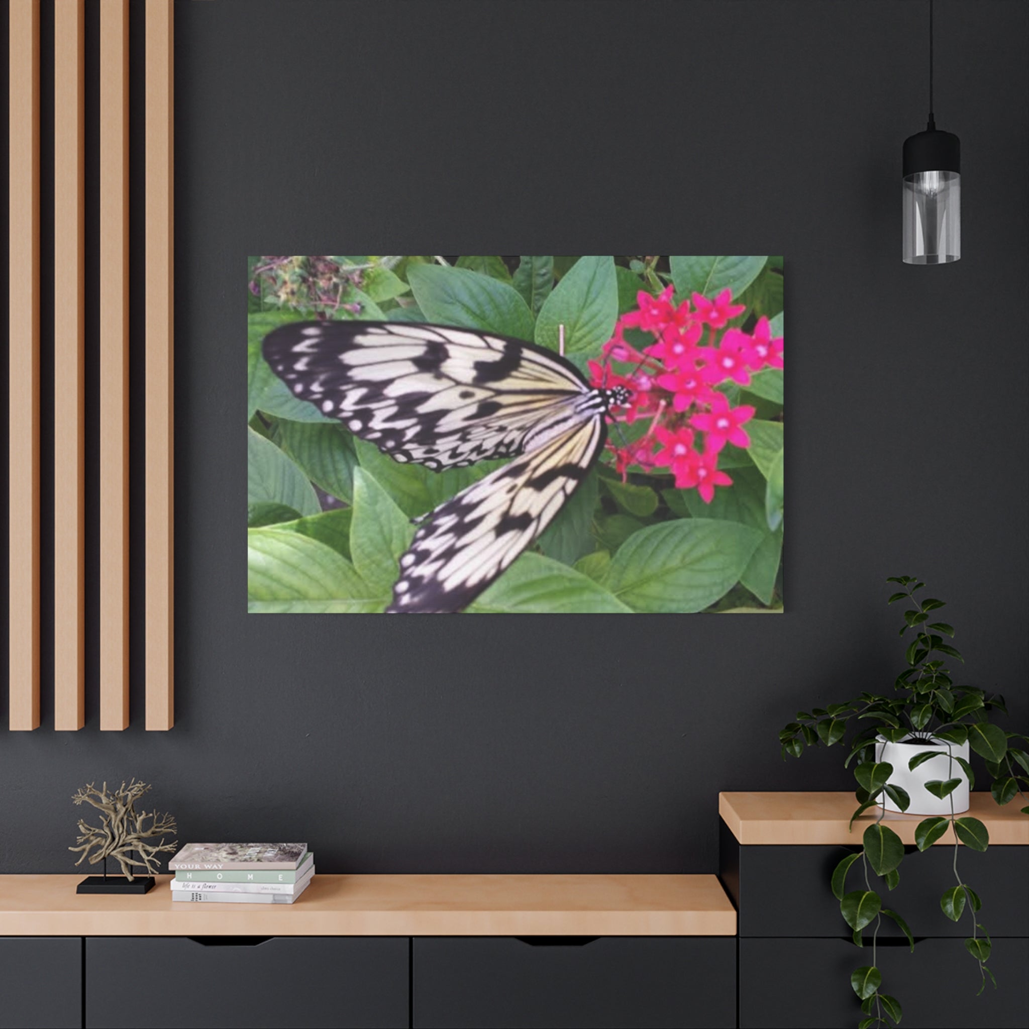 Butterfly on Pink Flower - Matte Stretched Canvas Wall Art, 1.25" Depth