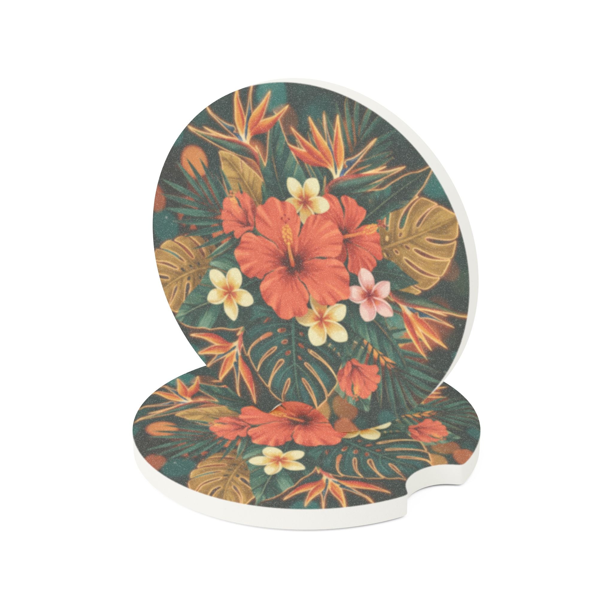 Tropical Hibiscus Soapstone Car Coaster — Floral Car Cupholder Mat