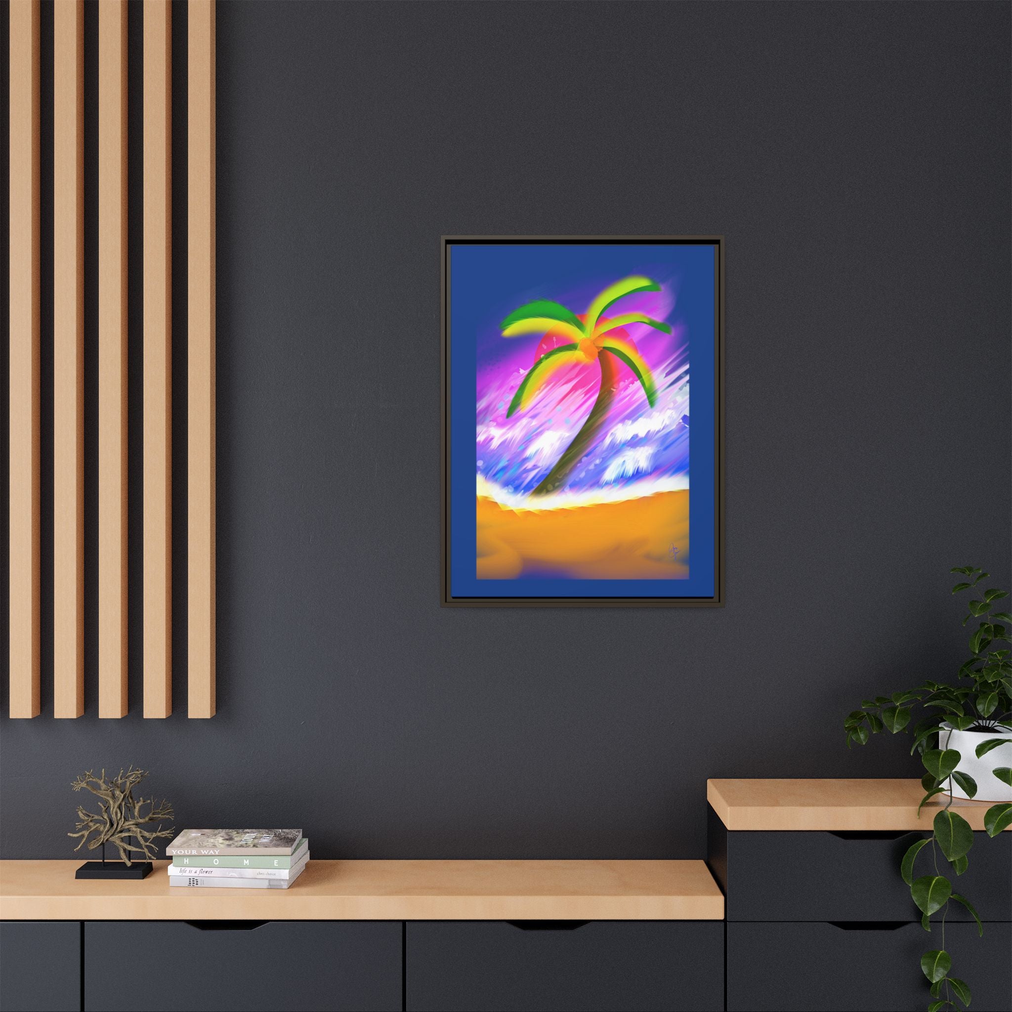 Framed Matte Canvas Print — Neon Palm Beach Art