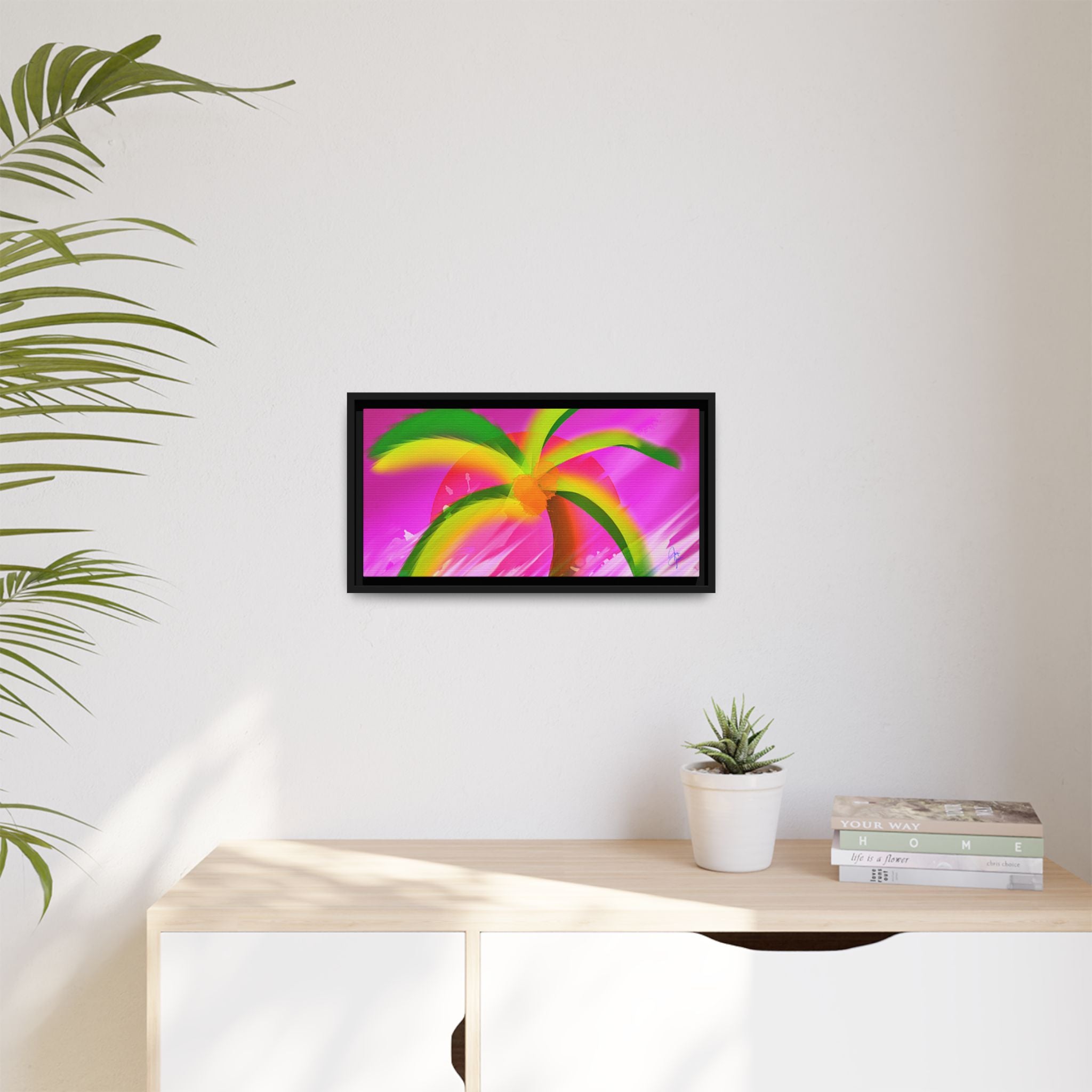Framed Matte Canvas Print — Neon Palm Beach Art