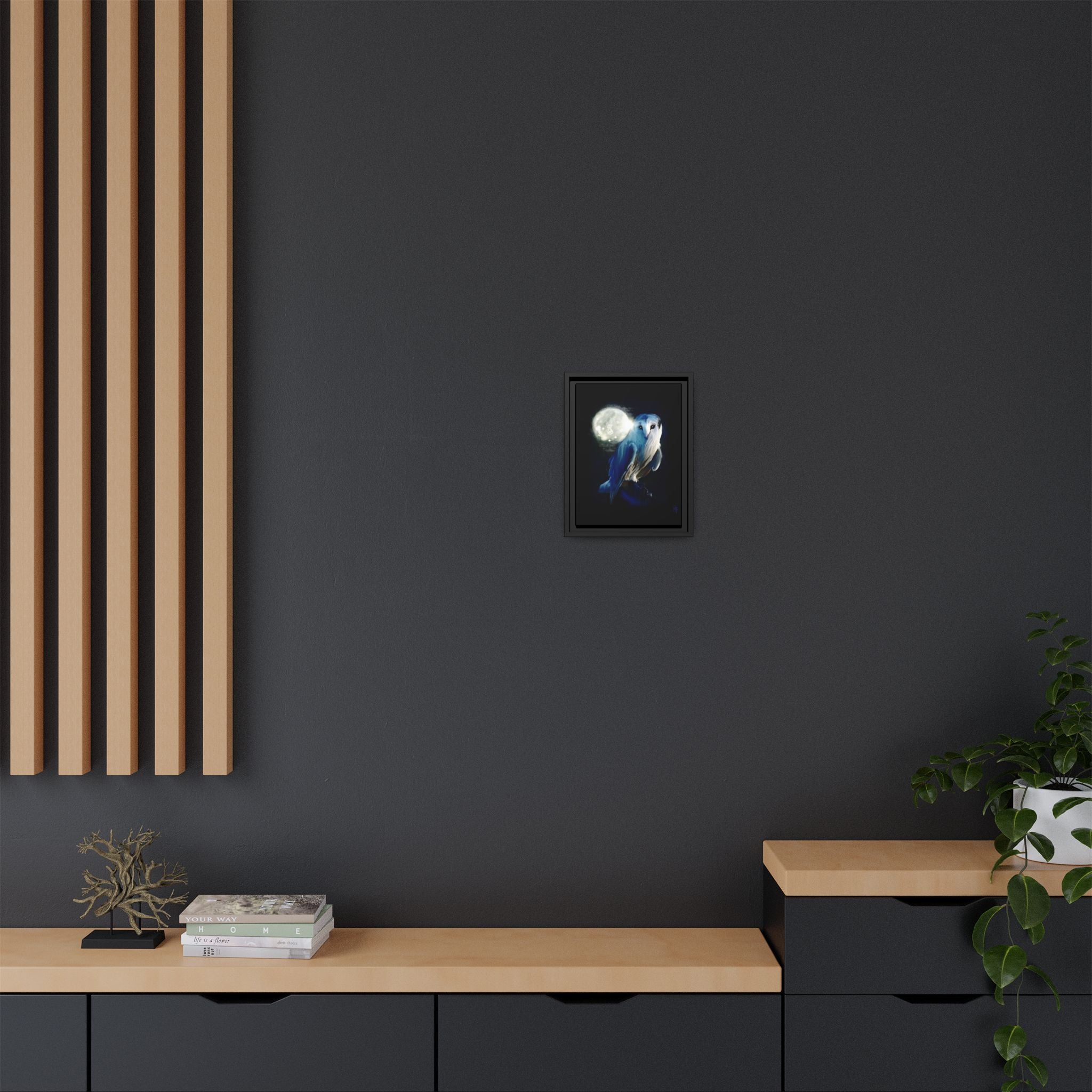 Moonlight Owl Matte Framed Canvas — Mystical Blue Owl Wall Art