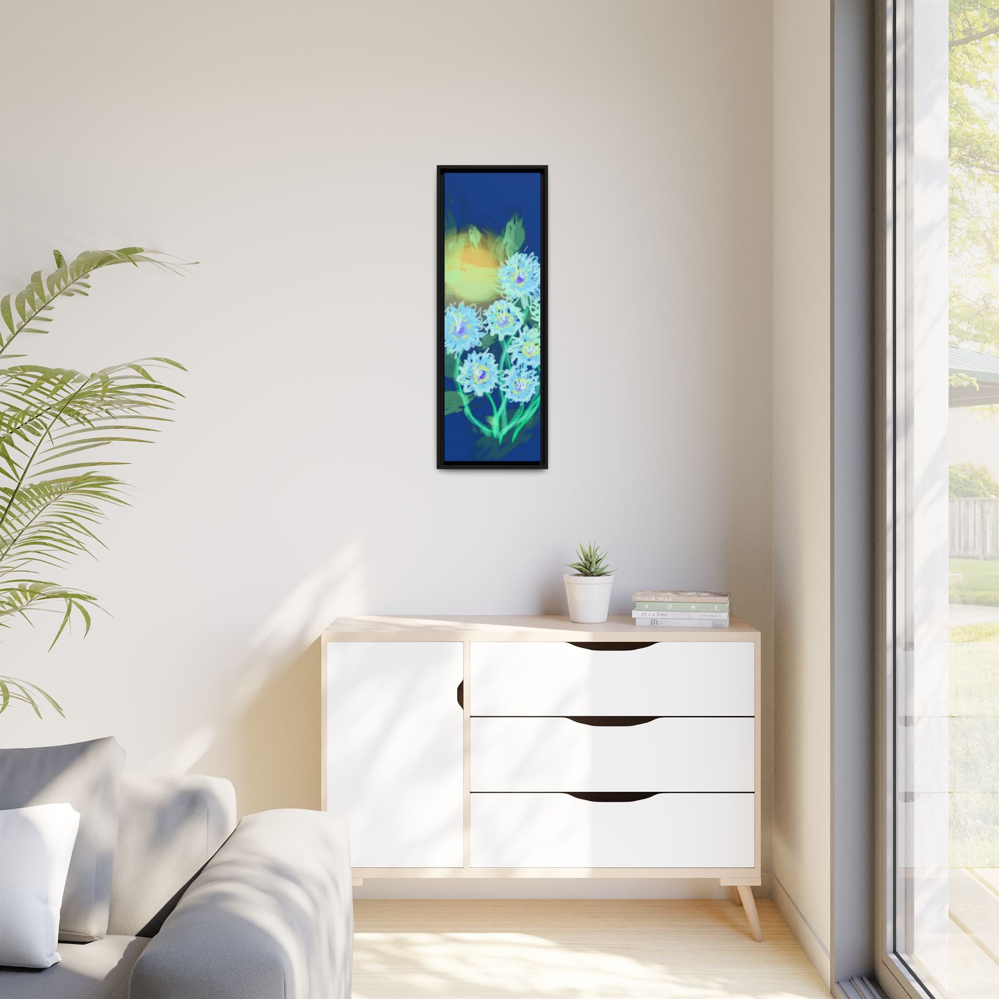 Framed Floral Canvas Art — Blue & Yellow Abstract Bouquet (Matte)