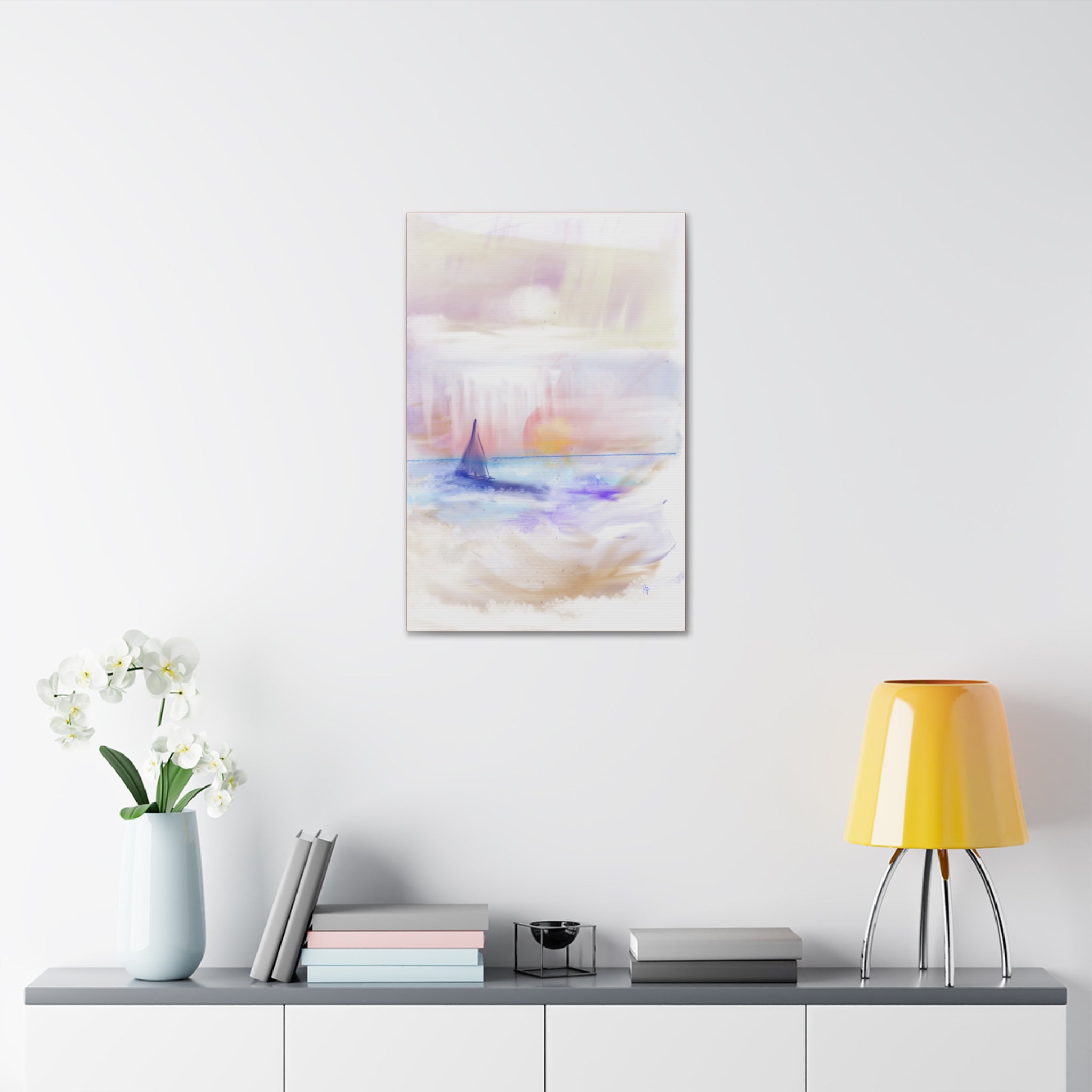 Watercolor Seascape Canvas Print — Dreamy Sailboat Sunset Wall Art