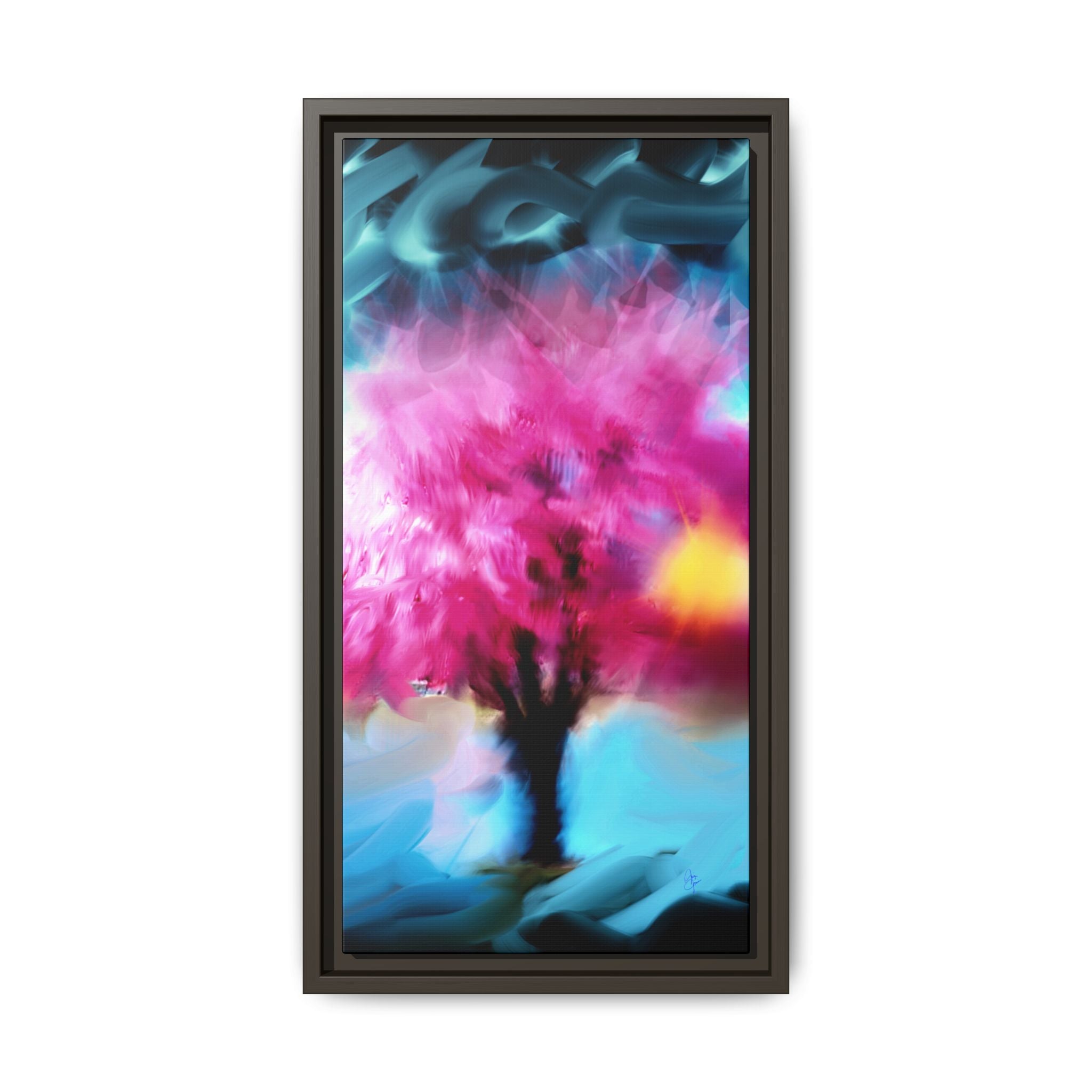 Framed Abstract Blossom Canvas — Vertical Pink & Blue Wall Art