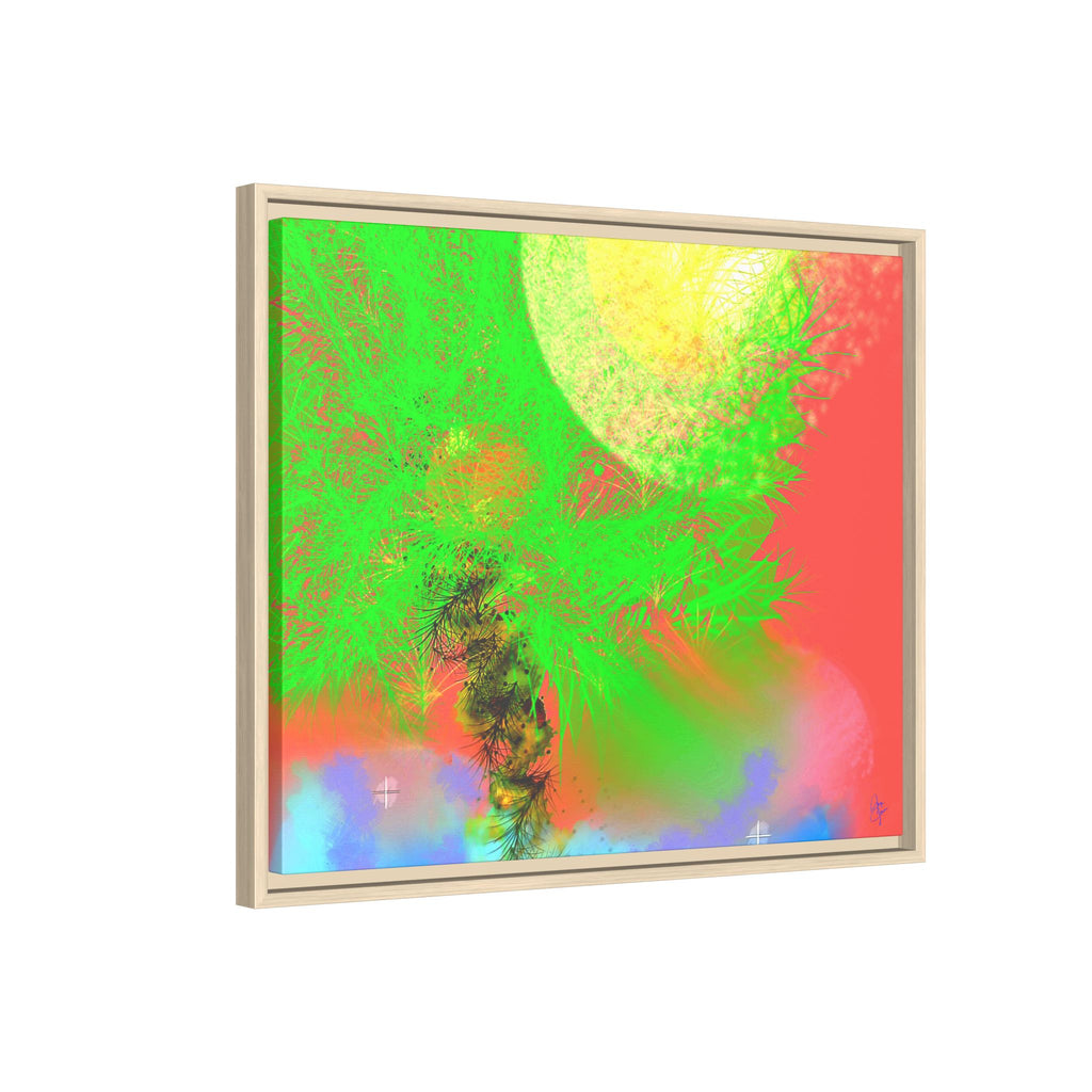 Abstract Neon Tree Matte Canvas Framed Art — Vibrant Green Moon Landscape