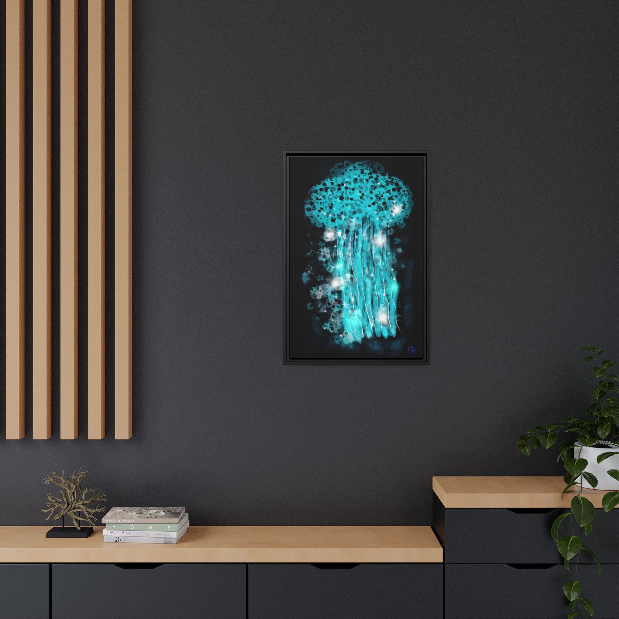 Glowing Jellyfish Art Print — Framed Matte Canvas
