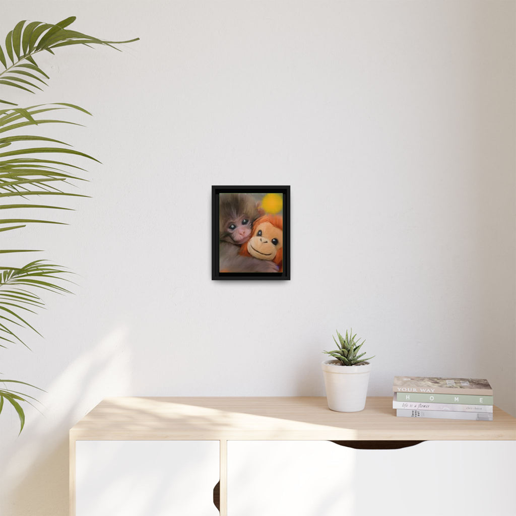 Framed Matte Canvas Print — Baby Monkey & Plush Orangutan Wall Art