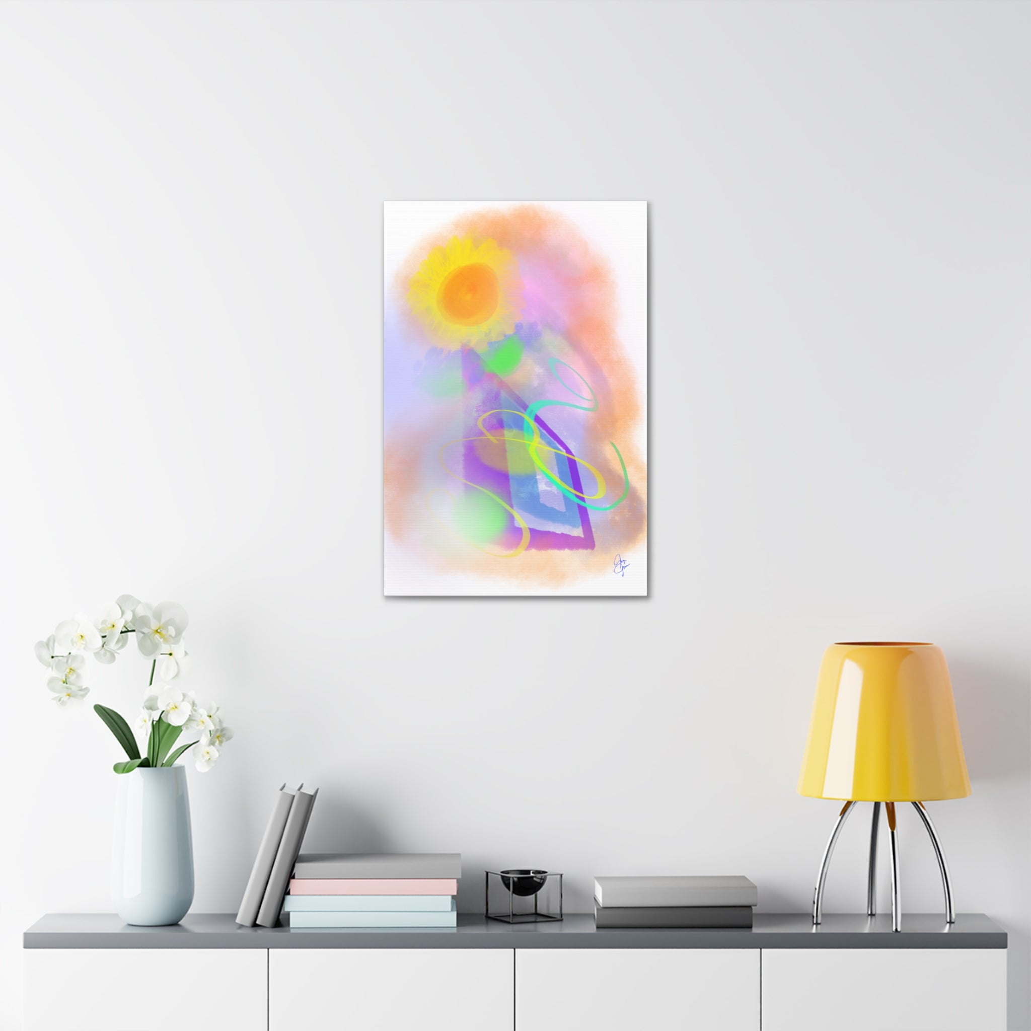 Abstract Sunrise Canvas Wall Art – Bright Pastel Sun & Swirls (1.5" Stretched)