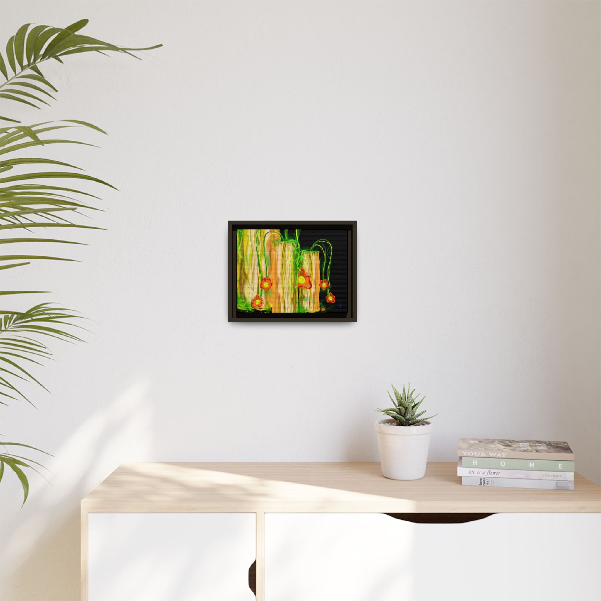 Framed Matte Canvas Print — Neon Floral Candlelight Art