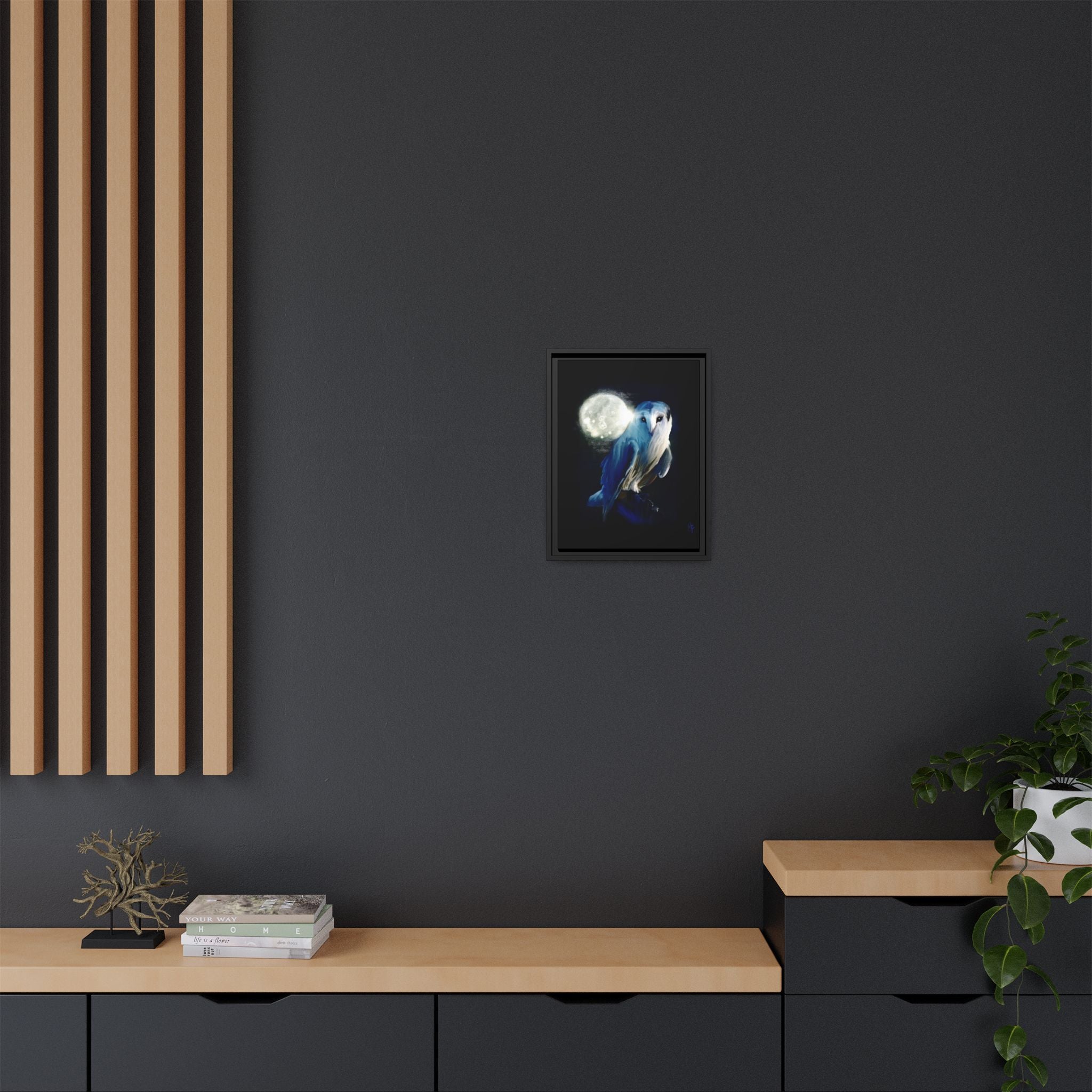 Moonlight Owl Matte Framed Canvas — Mystical Blue Owl Wall Art