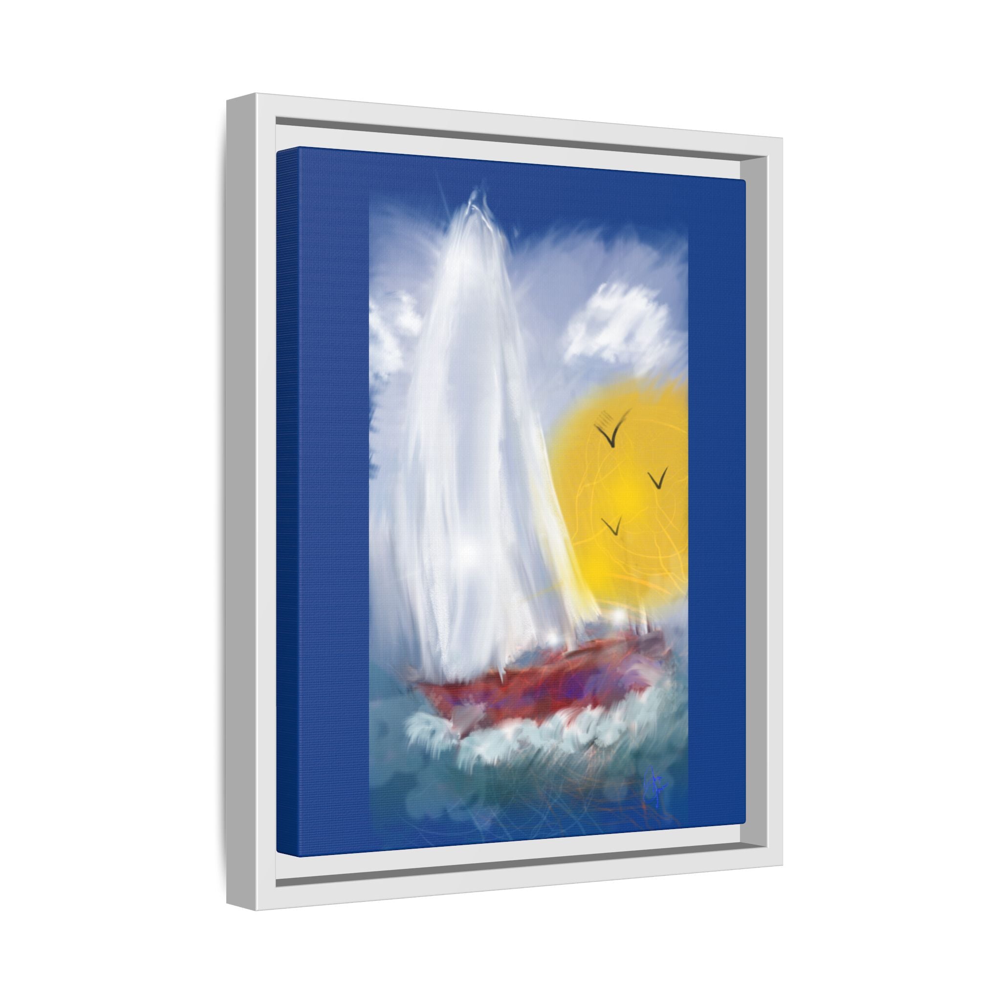 Sailboat Sunset Matte Framed Canvas Print — Coastal Seascape Wall Art