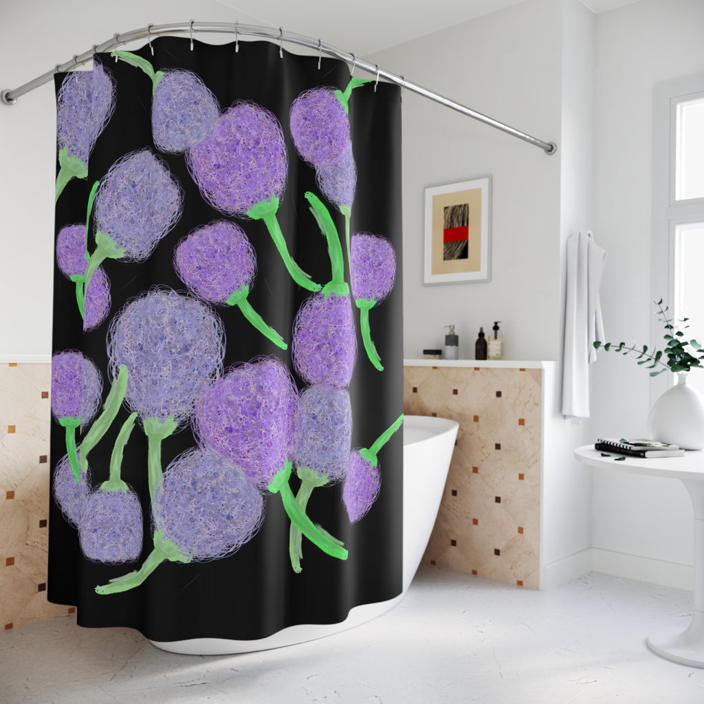 Purple Pom-Pom Floral Shower Curtain — Modern Botanical Bathroom Decor