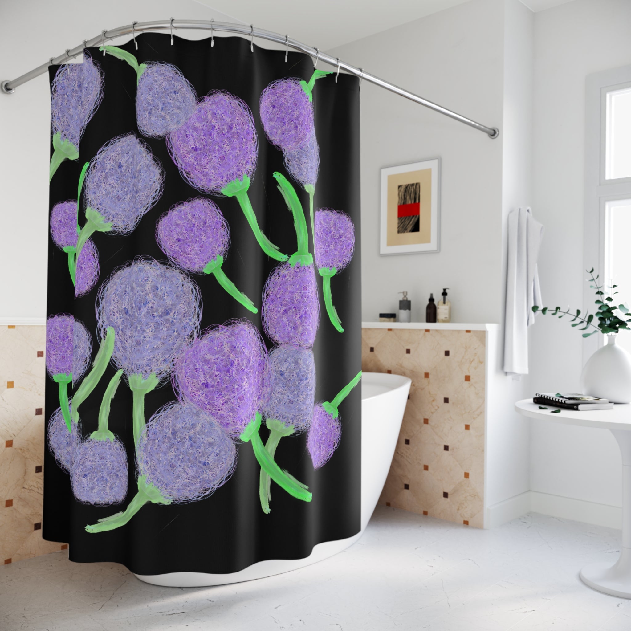 Purple Pom-Pom Floral Shower Curtain — Modern Botanical Bathroom Decor