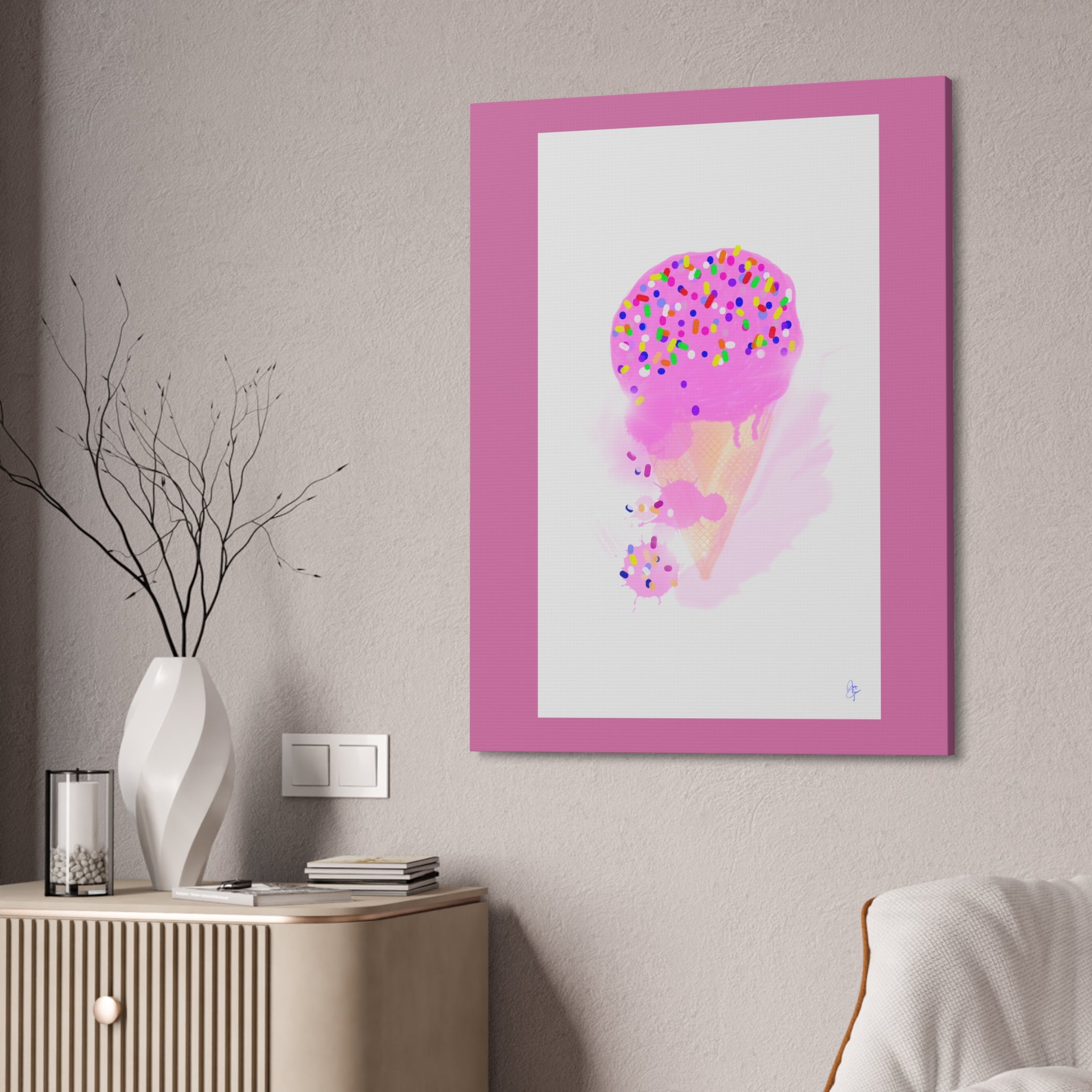 Pink Sprinkle Ice Cream Cone Canvas Print — Cute Pastel Wall Art