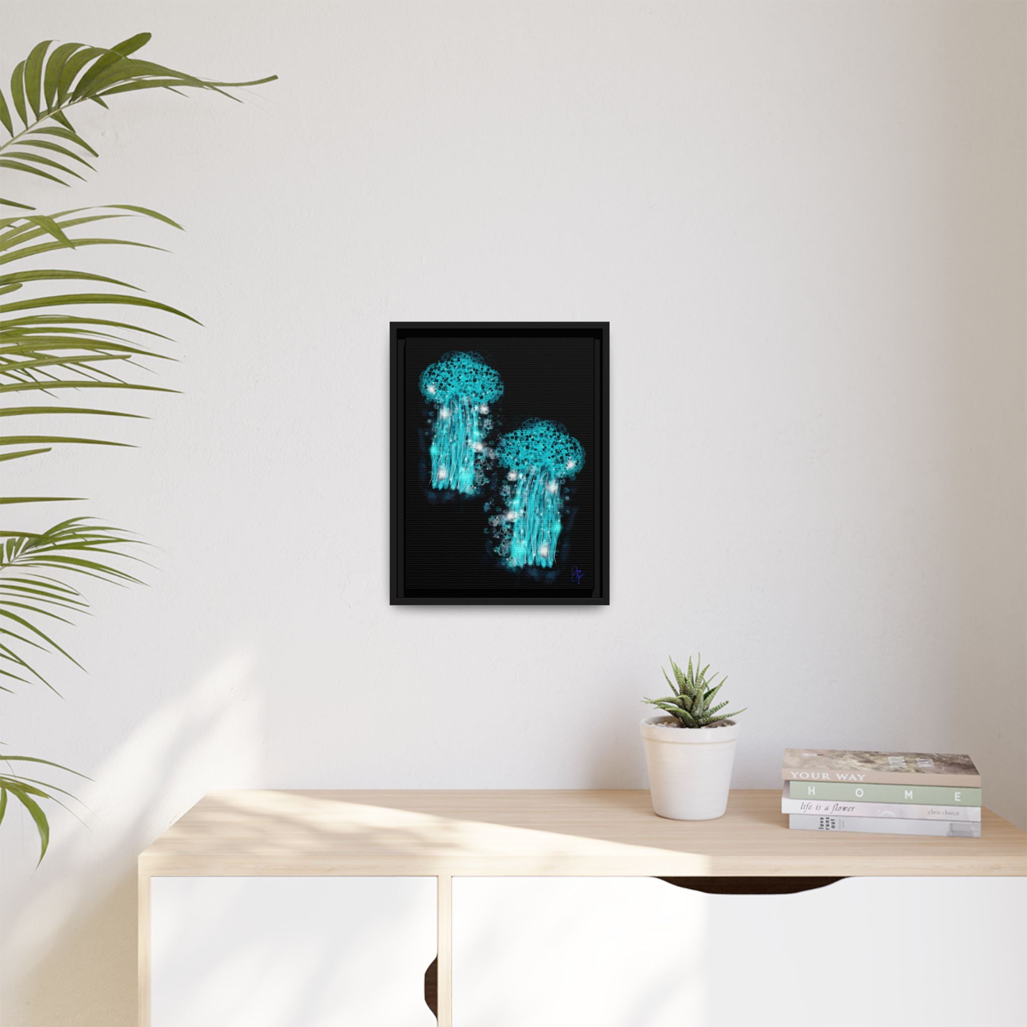 Glowing Jellyfish Art Print — Framed Matte Canvas