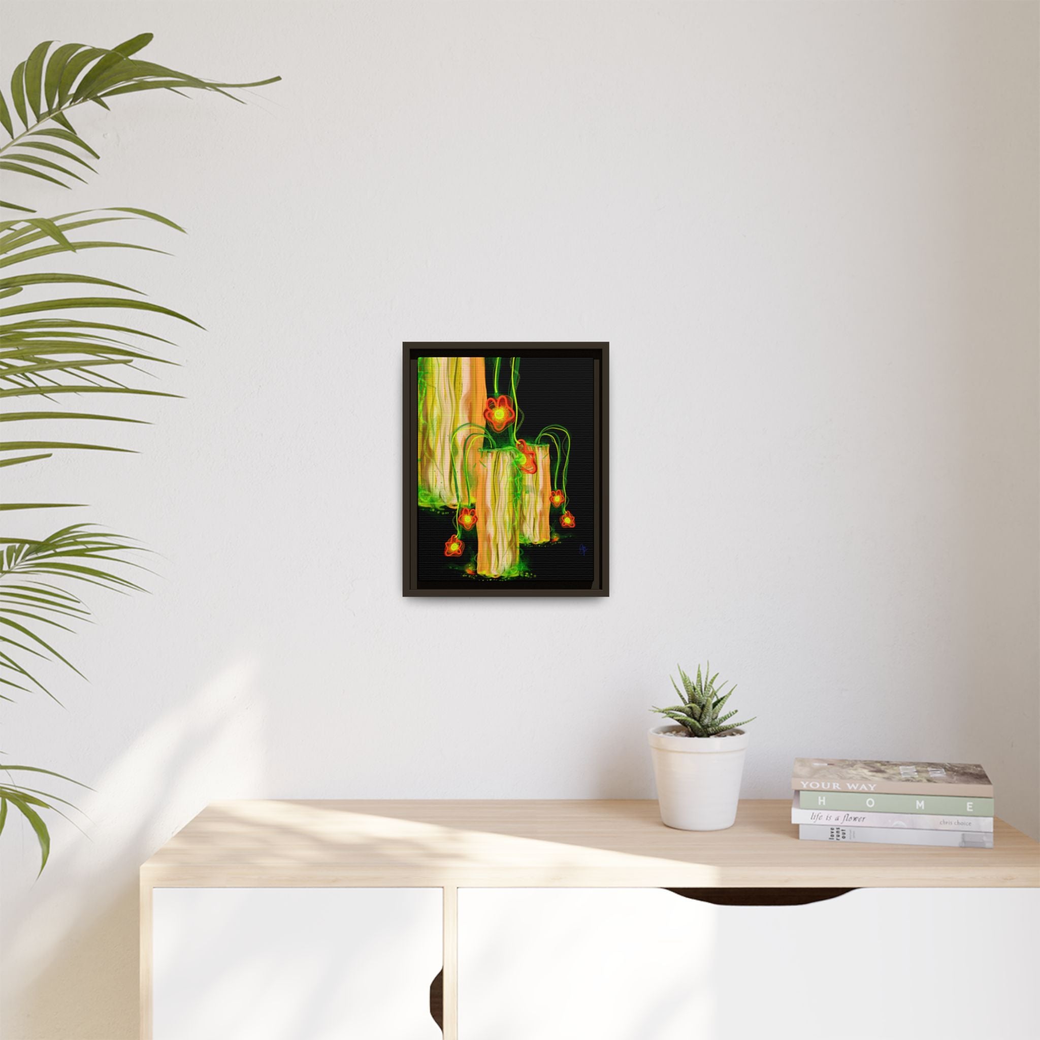 Framed Matte Canvas Print — Neon Floral Candlelight Art