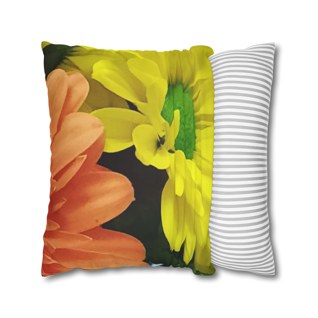 Floral Faux Suede Pillowcase — Yellow & Peach Daisy Accent Cushion Cover