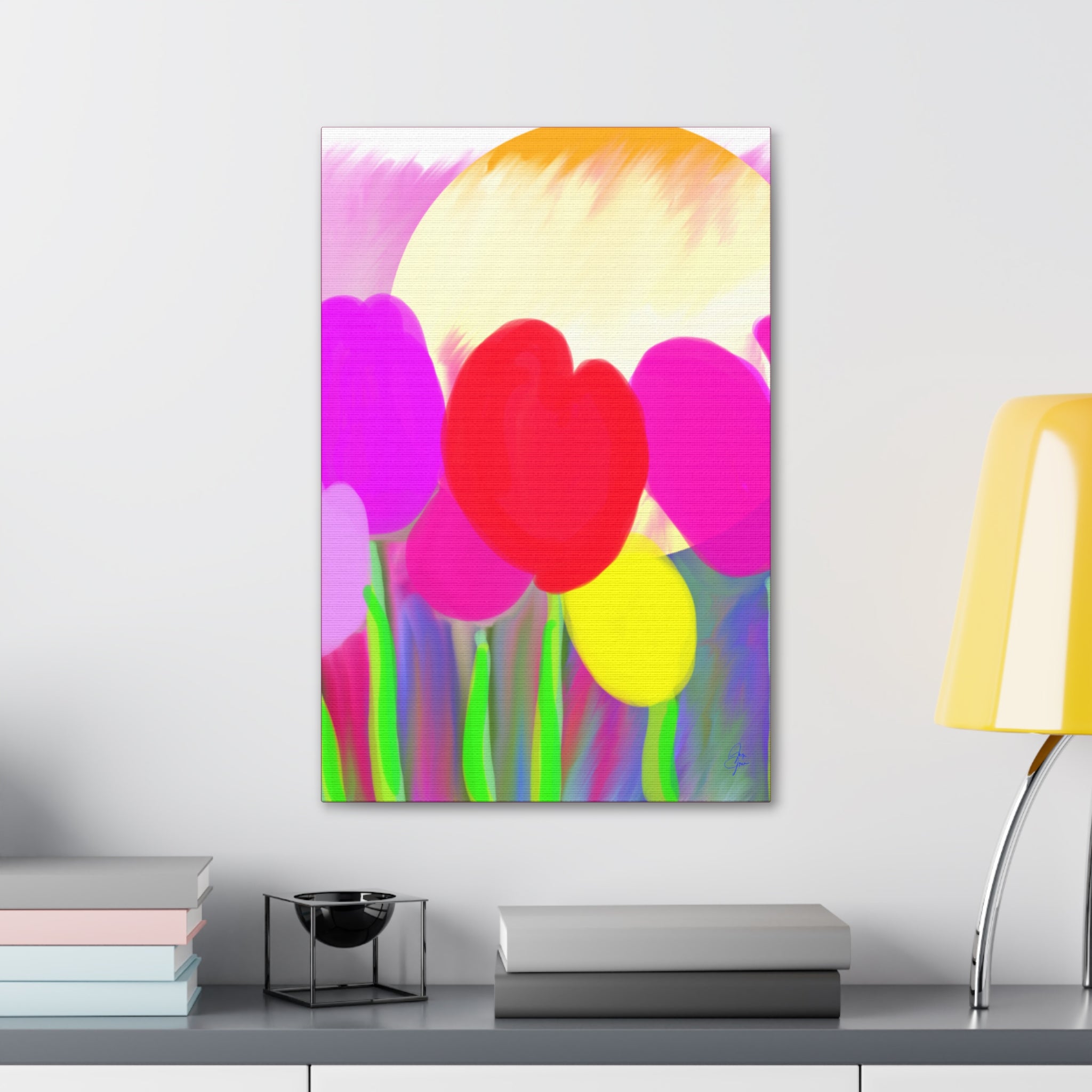 Bright Tulip Canvas Wall Art — Colorful Heart Flowers Stretched Canvas