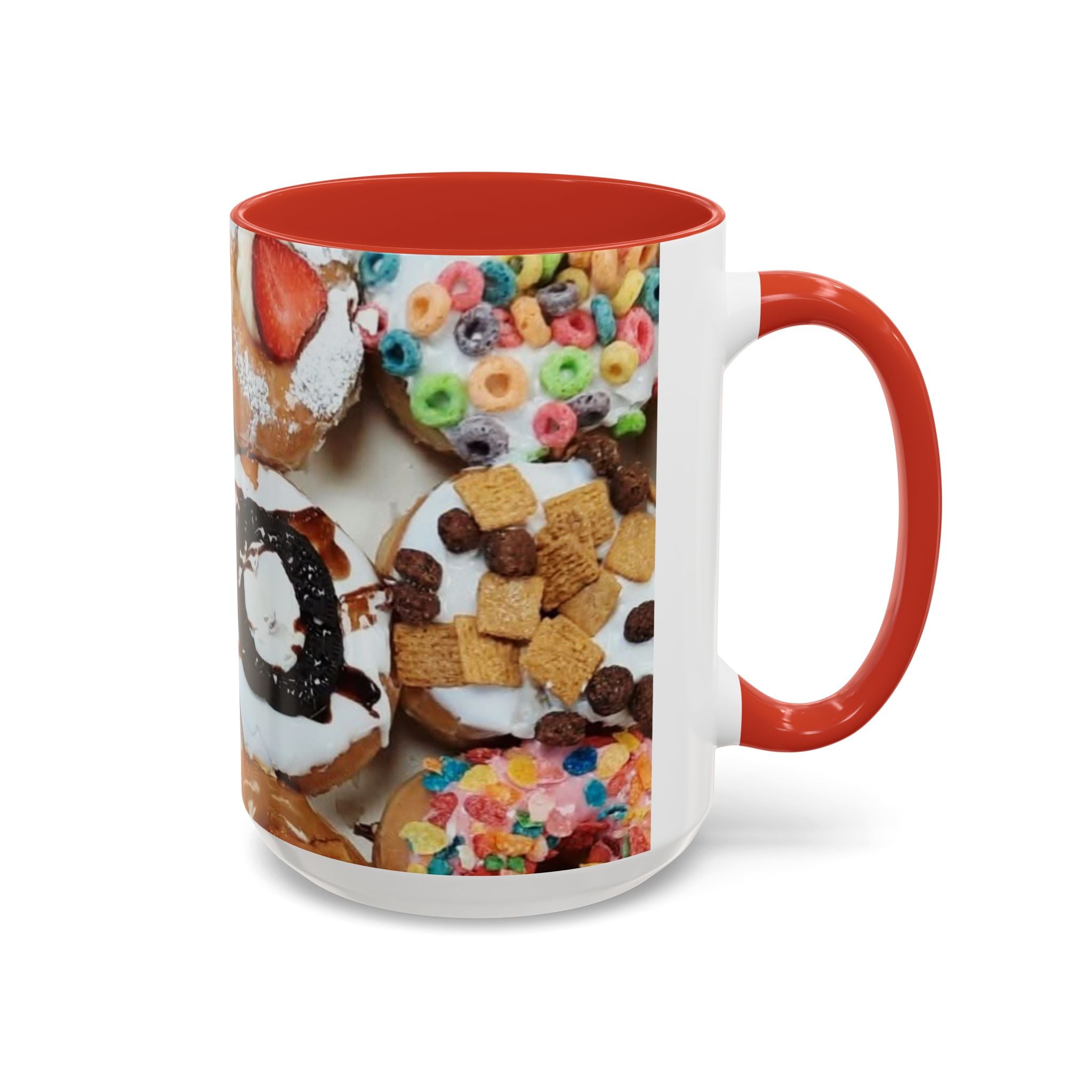 Donut Lover Accent Coffee Mug — Color Inside Rim & Handle, Photo-Print Assorted Donuts (11/15oz)