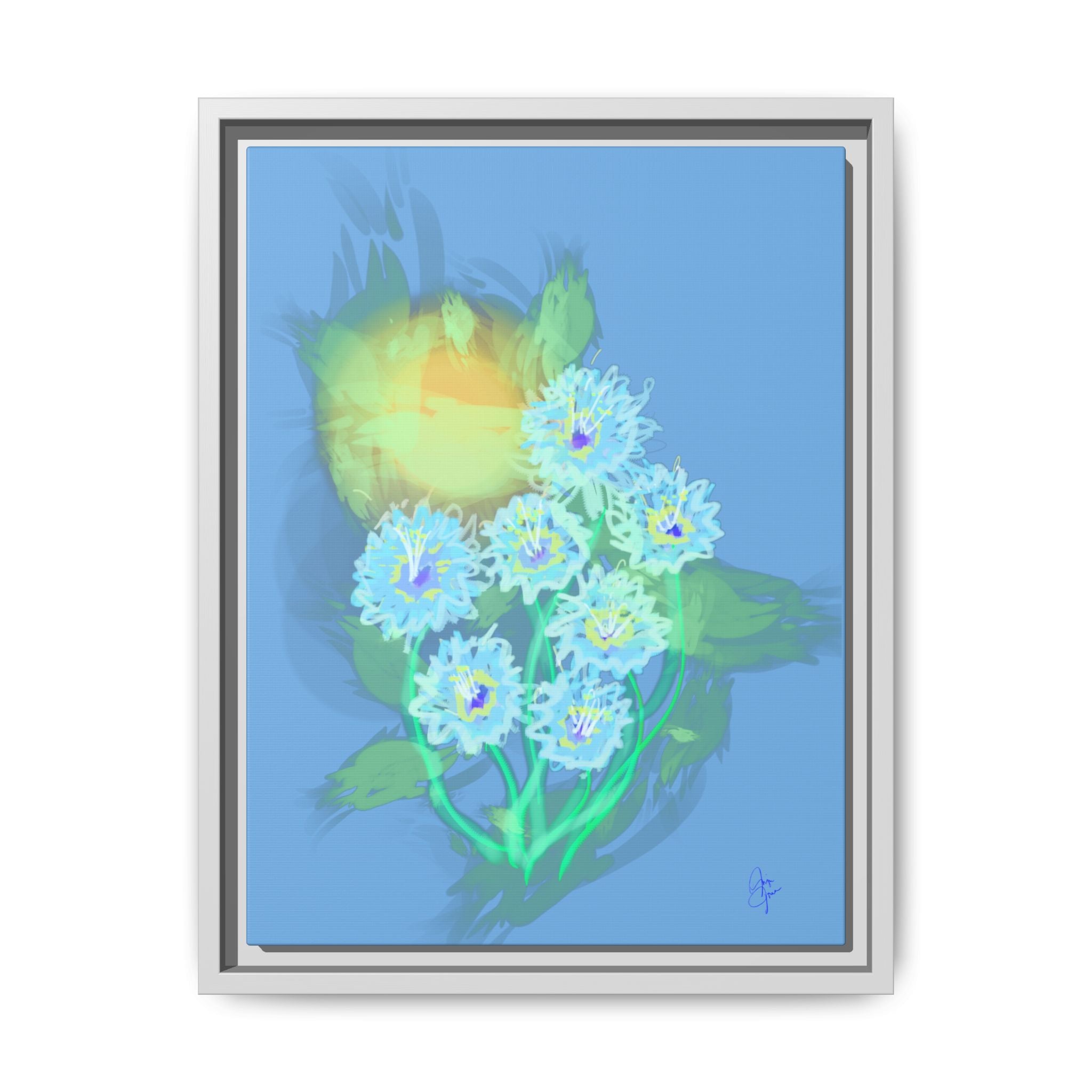 Framed Floral Canvas Art — Blue & Yellow Abstract Bouquet (Matte)